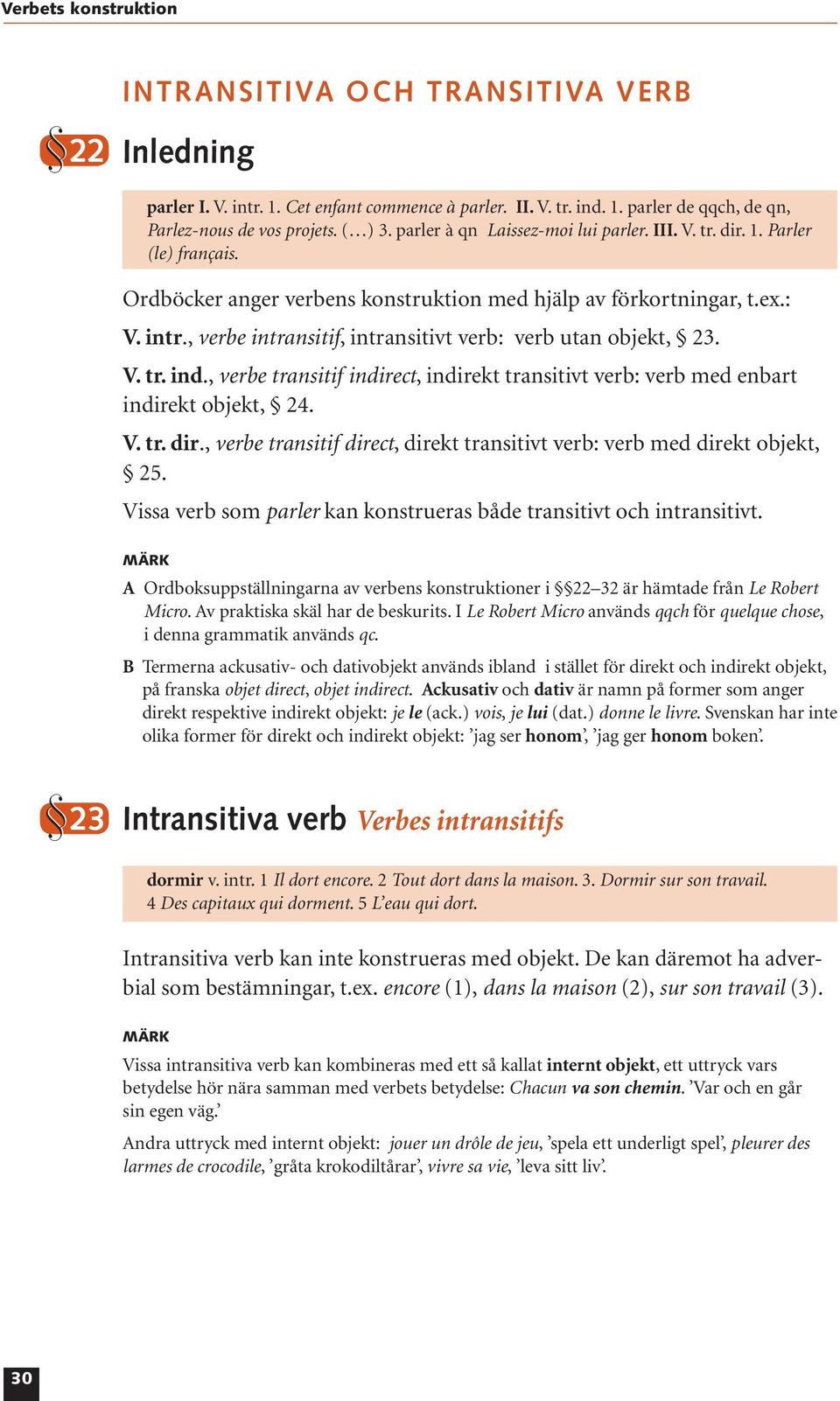 , verbe intransitif, intransitivt verb: verb utan objekt, 23. V. tr. ind., verbe transitif indirect, indirekt transitivt verb: verb med enbart indirekt objekt, 24. V. tr. dir.