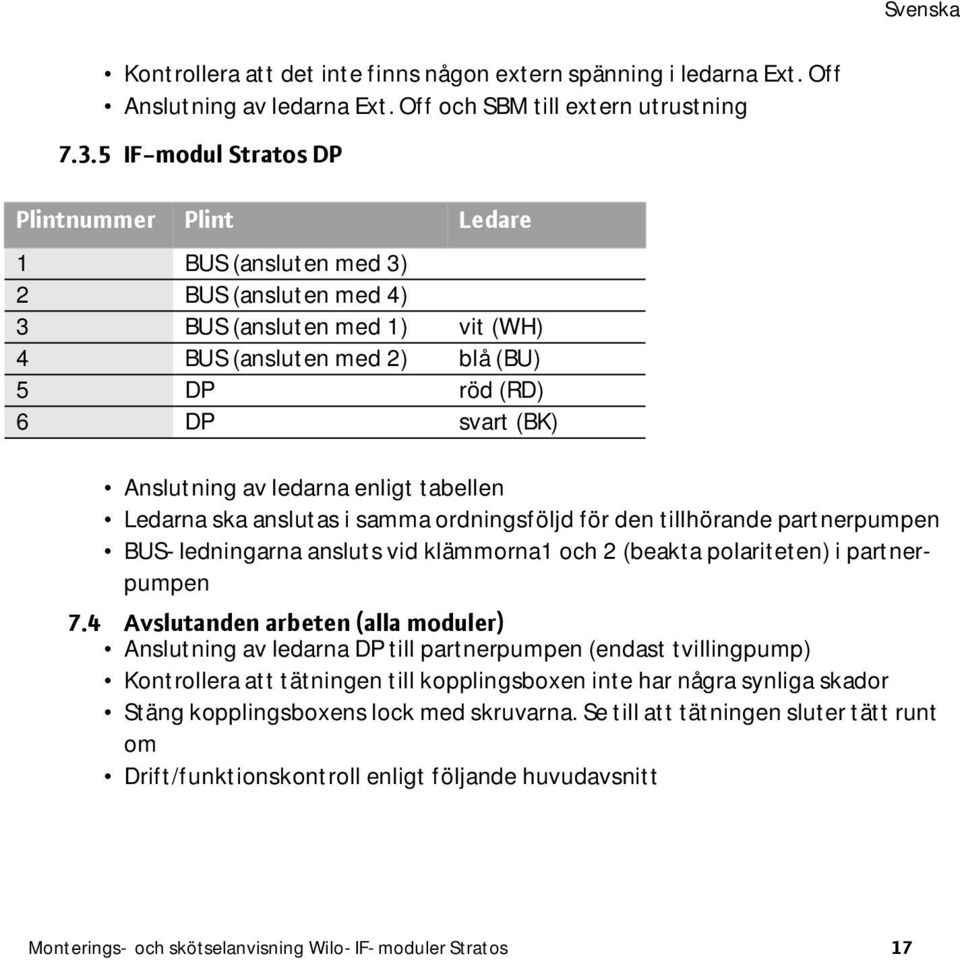 av ledarna enligt tabellen Ledarna ska anslutas i samma ordningsföljd för den tillhörande partnerpumpen BUS-ledningarna ansluts vid klämmorna1 och 2 (beakta polariteten) i partnerpumpen 7.