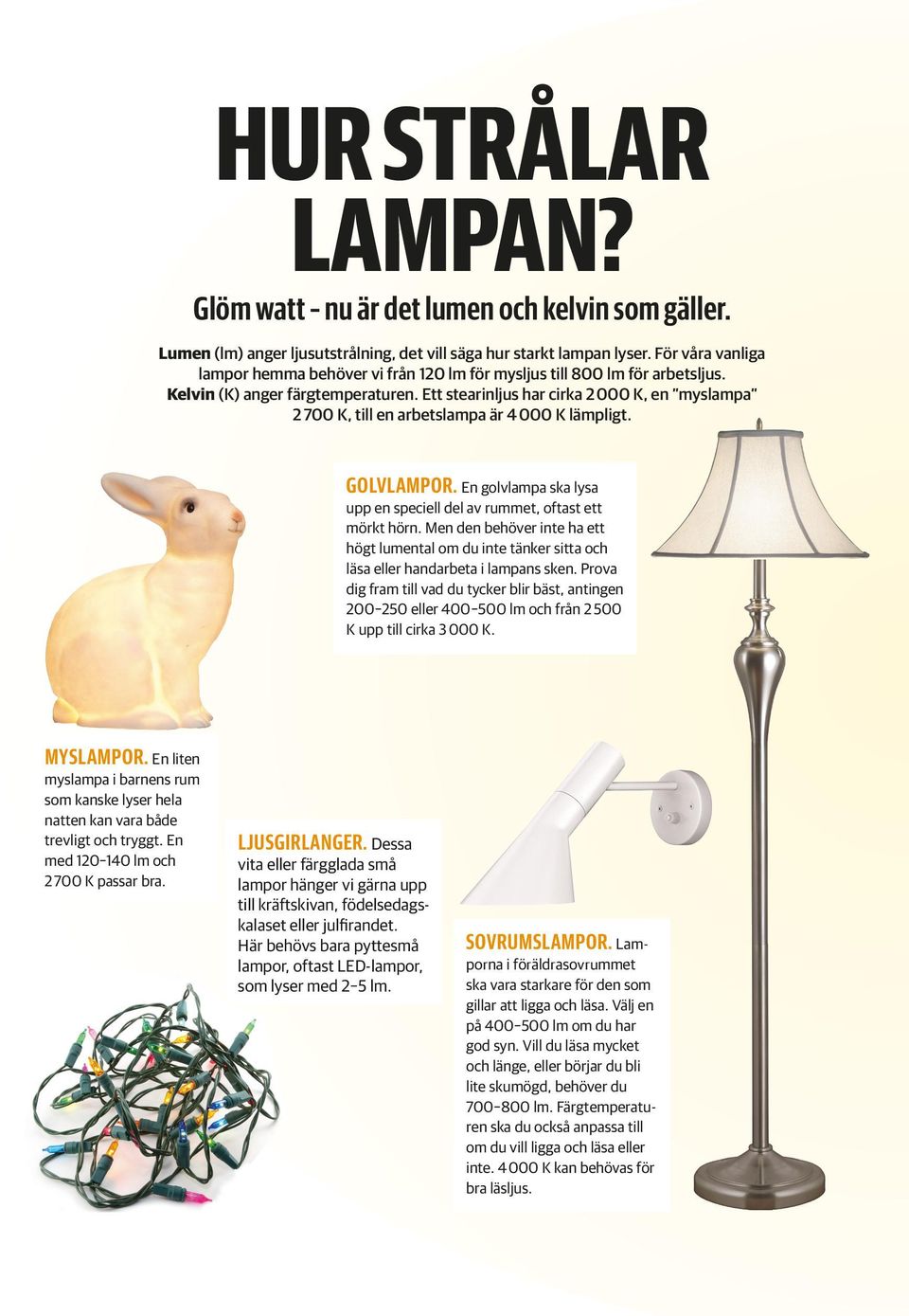 Ett stearinljus har cirka 2 000 K, en mys lampa 2 700 K, till en arbetslampa är 4 000 K lämpligt. GOLVLAMPOR. En golvlampa ska lysa upp en speciell del av rummet, oftast ett mörkt hörn.