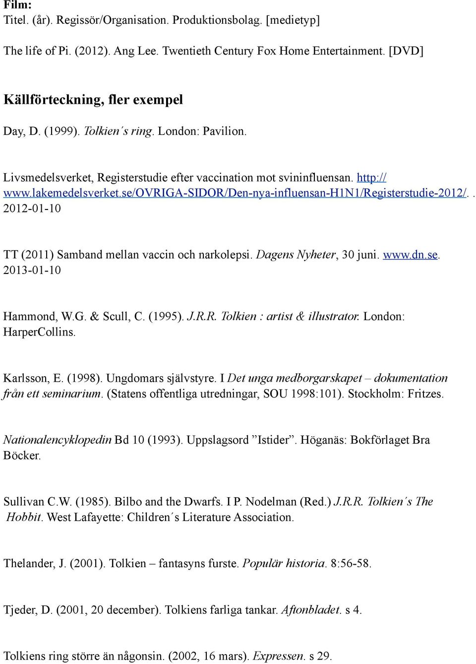 . 2012-01-10 TT (2011) Samband mellan vaccin och narkolepsi. Dagens Nyheter, 30 juni. www.dn.se. 2013-01-10 Hammond, W.G. & Scull, C. (1995). J.R.R. Tolkien : artist & illustrator.
