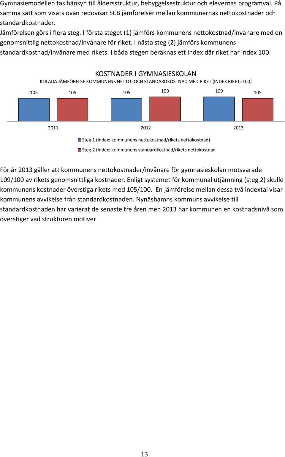 I första steget (1) jämförs kommunens nettokostnad/invånare med en genomsnittlig nettokostnad/invånare för riket. I nästa steg (2) jämförs kommunens standardkostnad/invånare med rikets.