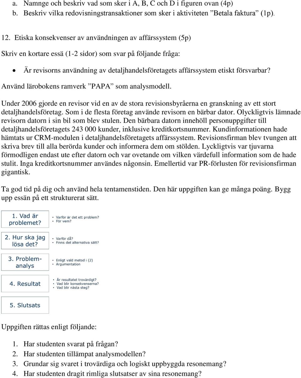 försvarbar? Använd lärobokens ramverk PAPA som analysmodell. Under 2006 gjorde en revisor vid en av de stora revisionsbyråerna en granskning av ett stort detaljhandelsföretag.