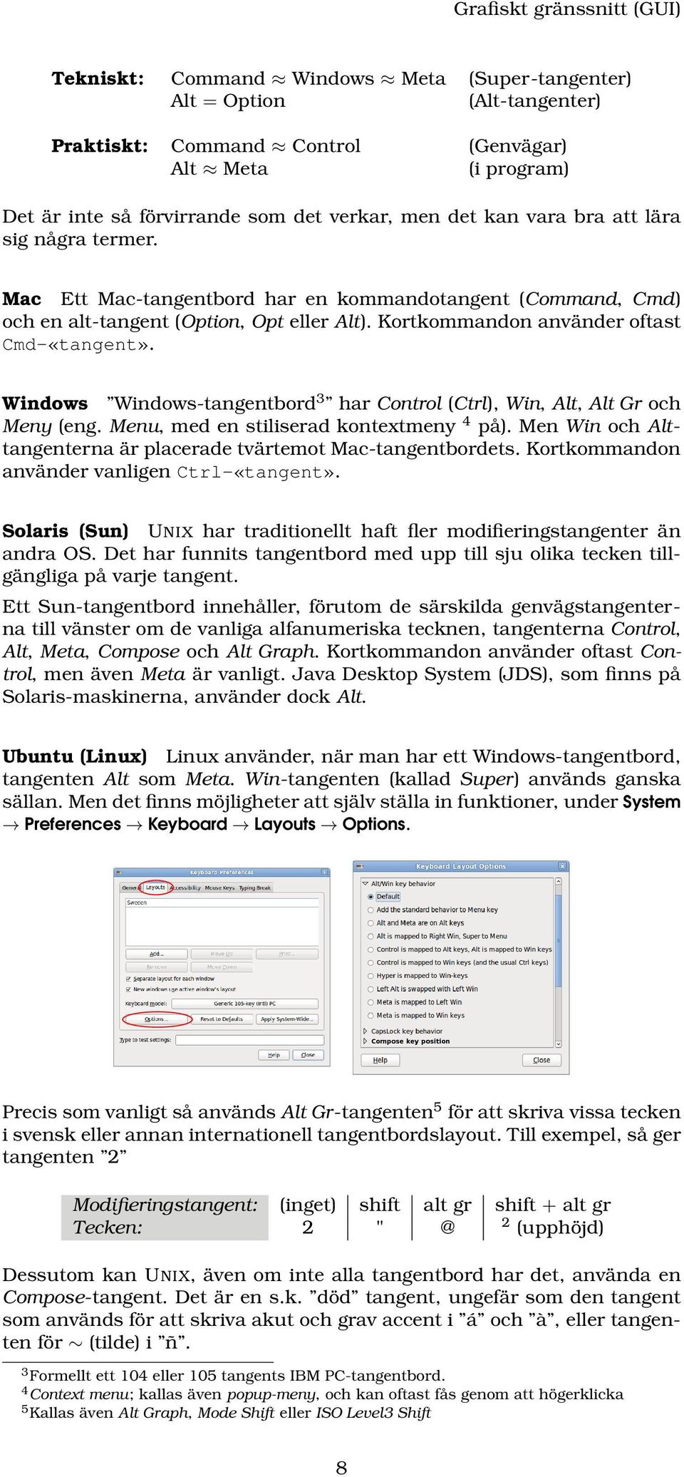 Kortkommandon använder oftast Cmd-«tangent». Windows Windows-tangentbord 3 har Control (Ctrl), Win, Alt, Alt Gr och Meny (eng. Menu, med en stiliserad kontextmeny 4 på).