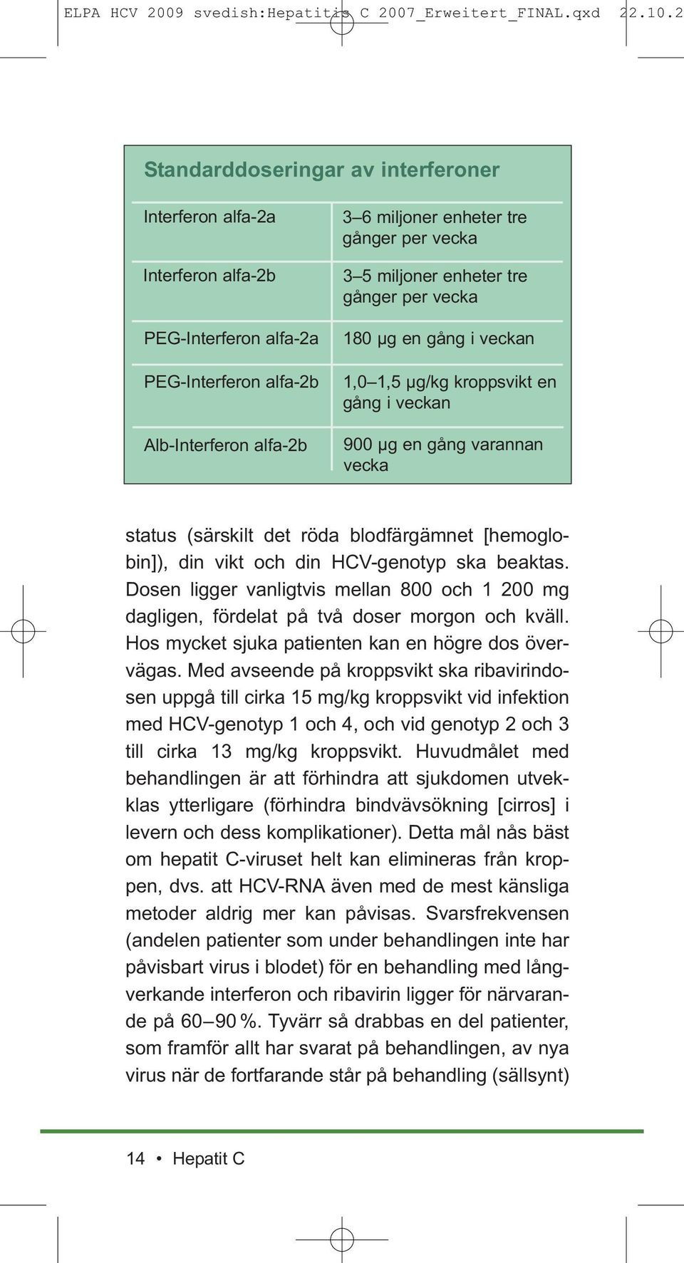 HCV-genotyp ska beaktas. Dosen ligger vanligtvis mellan 800 och 1 200 mg dagligen, fördelat på två doser morgon och kväll. Hos mycket sjuka patienten kan en högre dos övervägas.