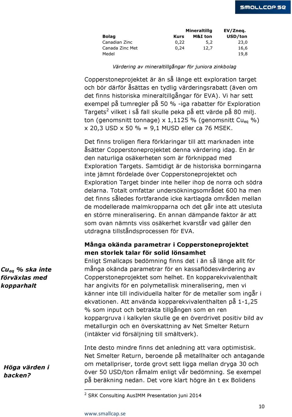 ton (genomsnitt tonnage) x 1,1125 % (genomsnitt Cu eq %) x 20,3 USD x 50 % = 9,1 MUSD eller ca 76 MSEK.