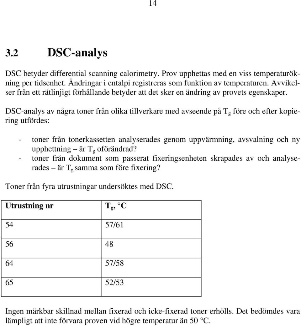 DSC-analys av några toner från olika tillverkare med avseende på T g före och efter kopiering utfördes: - toner från tonerkassetten analyserades genom uppvärmning, avsvalning och ny upphettning är T