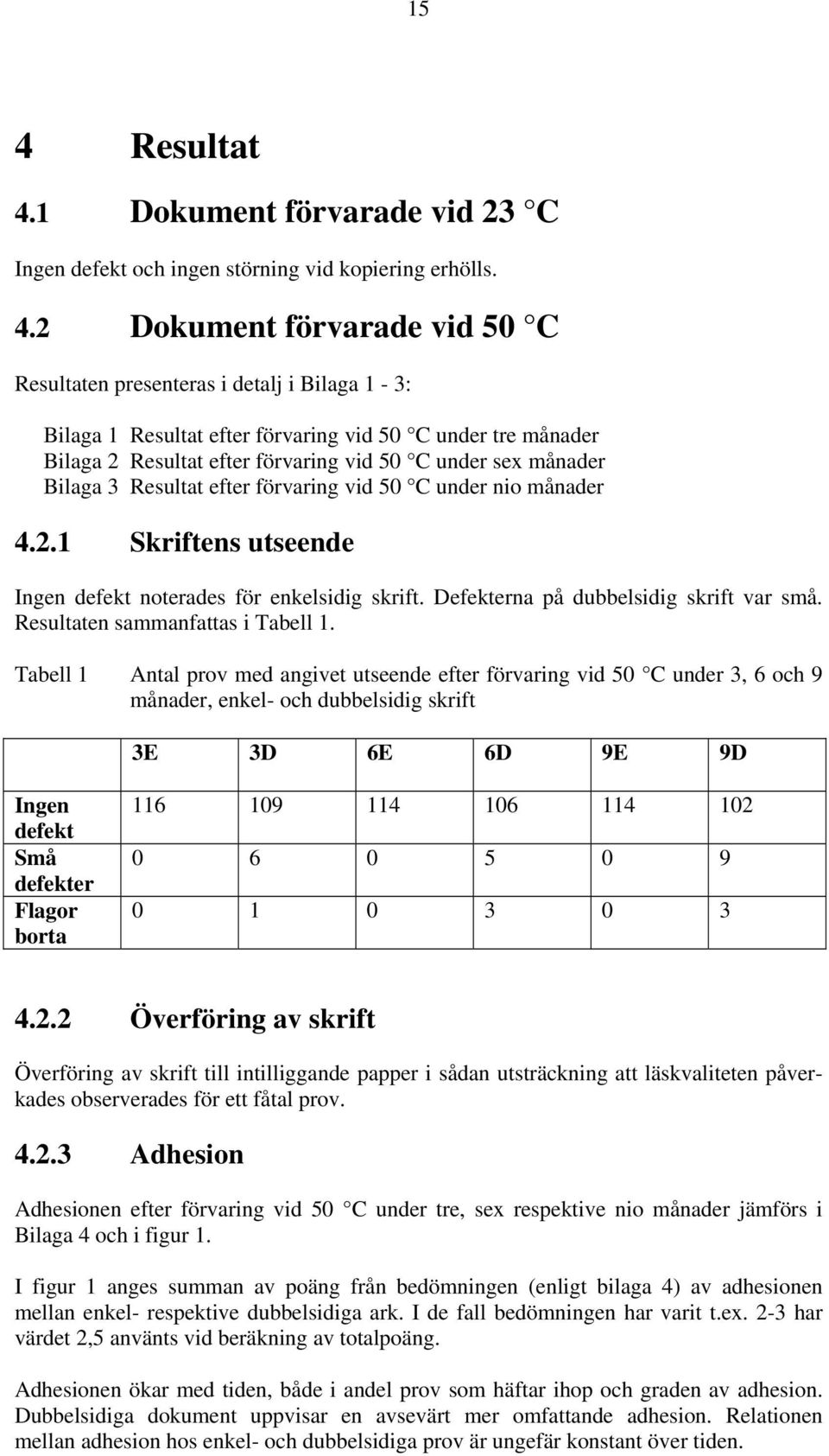 Defekterna på dubbelsidig skrift var små. Resultaten sammanfattas i Tabell 1.
