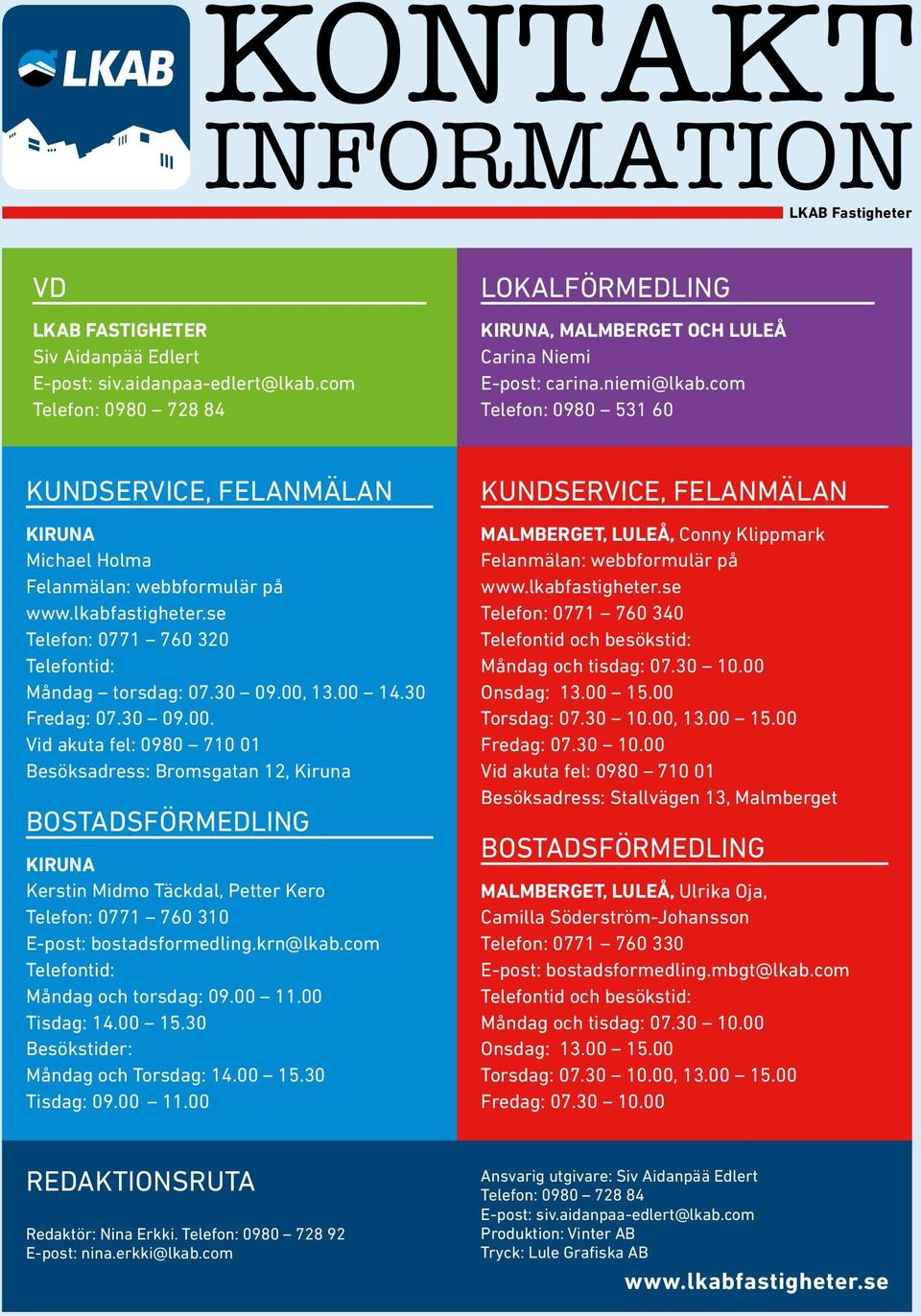 30 Fredag: 07.30 09.00. Vid akuta fel: 0980 710 01 Besöksadress: Bromsgatan 12, Kiruna BOSTADSFÖRMEDLING KIRUNA Kerstin Midmo Täckdal, Petter Kero Telefon: 0771 760 310 E-post: bostadsformedling.