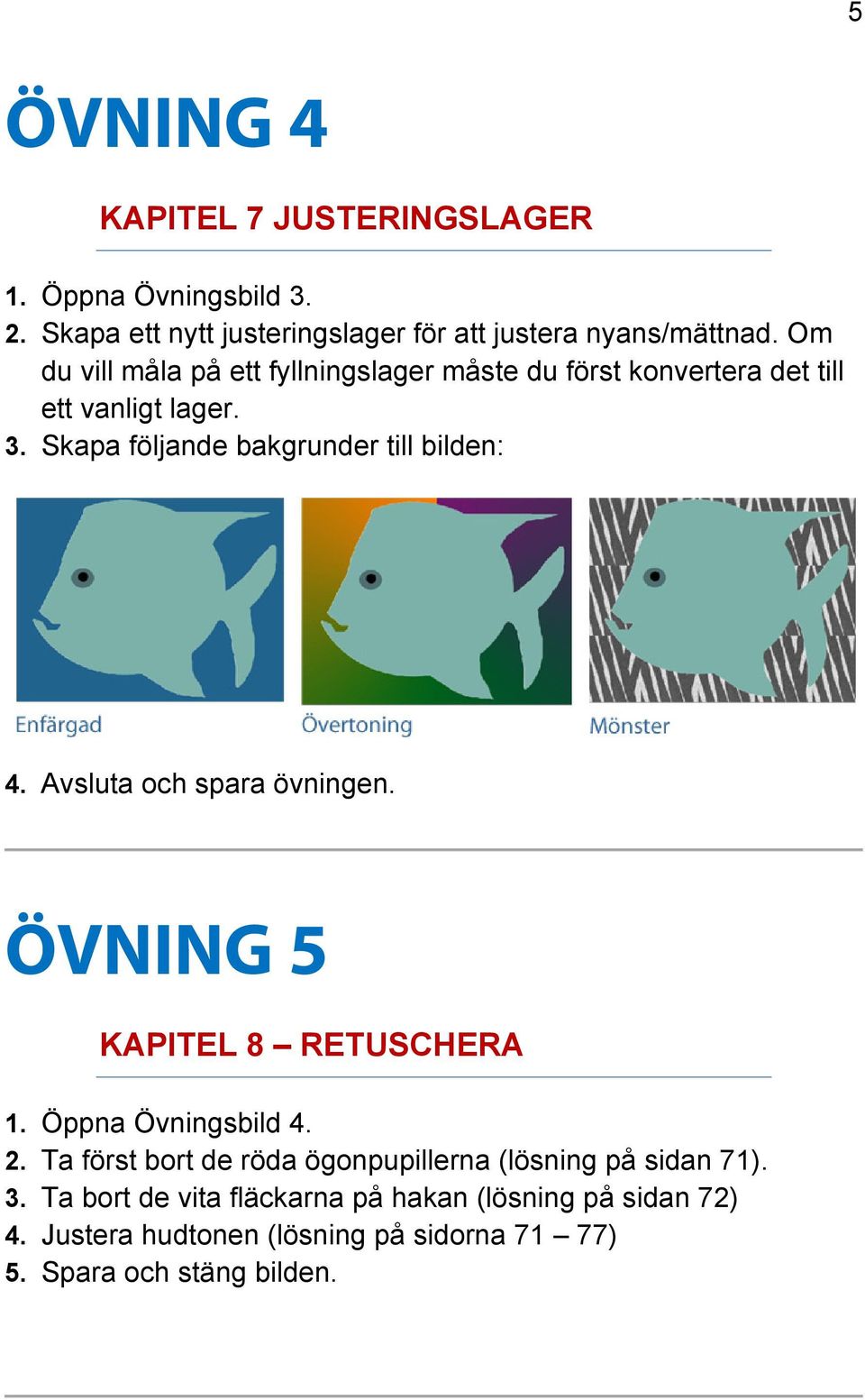 Avsluta och spara övningen. ÖVNING 5 KAPITEL 8 RETUSCHERA 1. Öppna Övningsbild 4. 2.