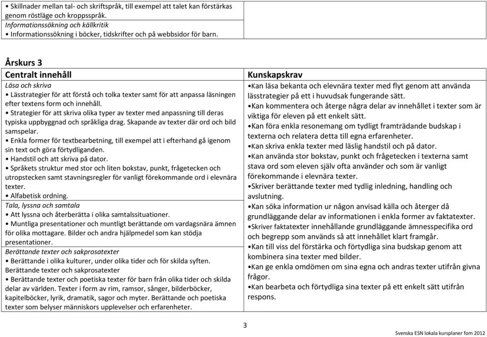 Årskurs 3 Centralt innehåll Läsa och skriva Lässtrategier för att förstå och tolka texter samt för att anpassa läsningen efter textens form och innehåll.