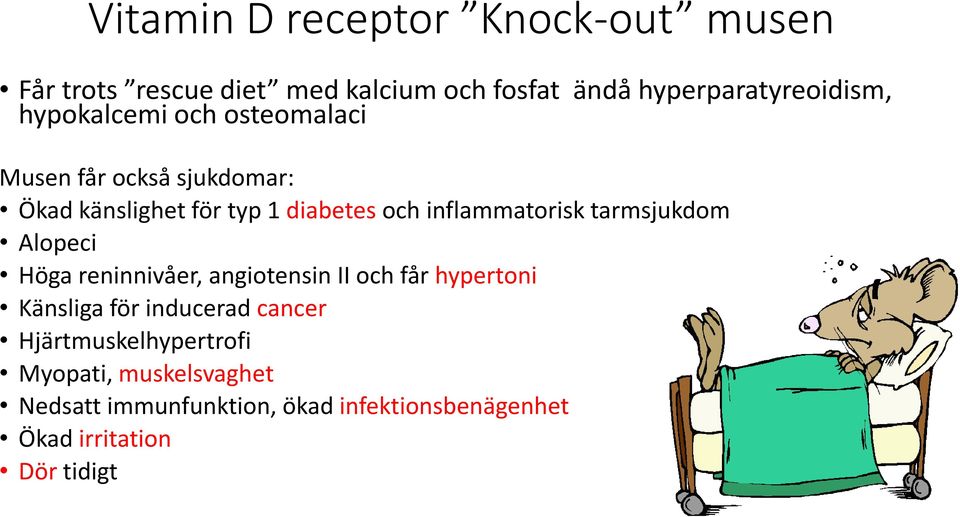 tarmsjukdom Alopeci Höga reninnivåer, angiotensin II och får hypertoni Känsliga för inducerad cancer