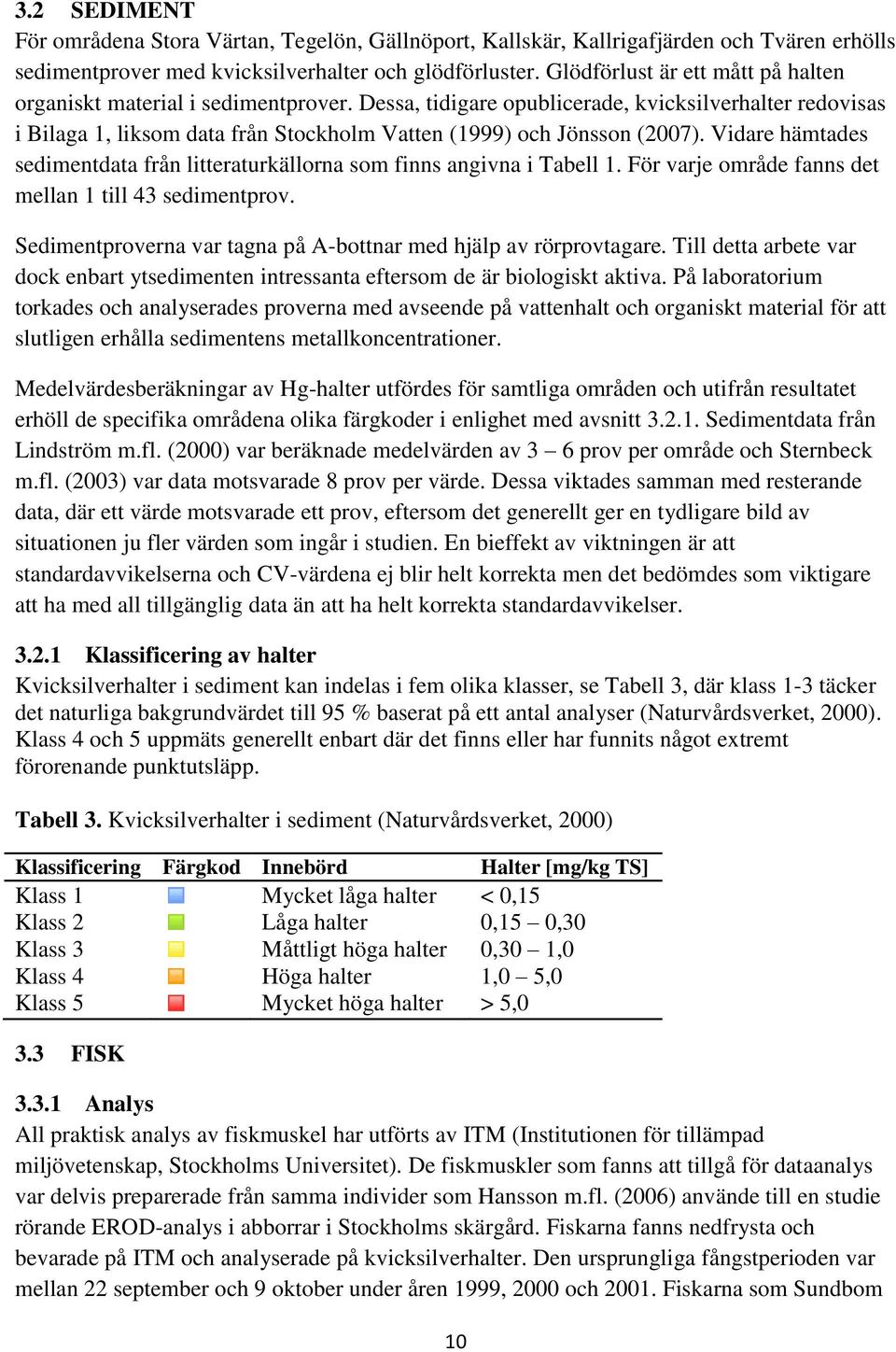 Dessa, tidigare opublicerade, kvicksilverhalter redovisas i Bilaga 1, liksom data från Stockholm Vatten (1999) och Jönsson (2007).