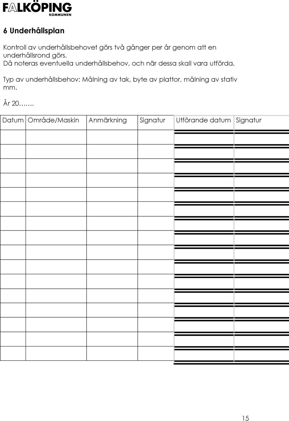 Då noteras eventuella underhållsbehov, och när dessa skall vara utförda.