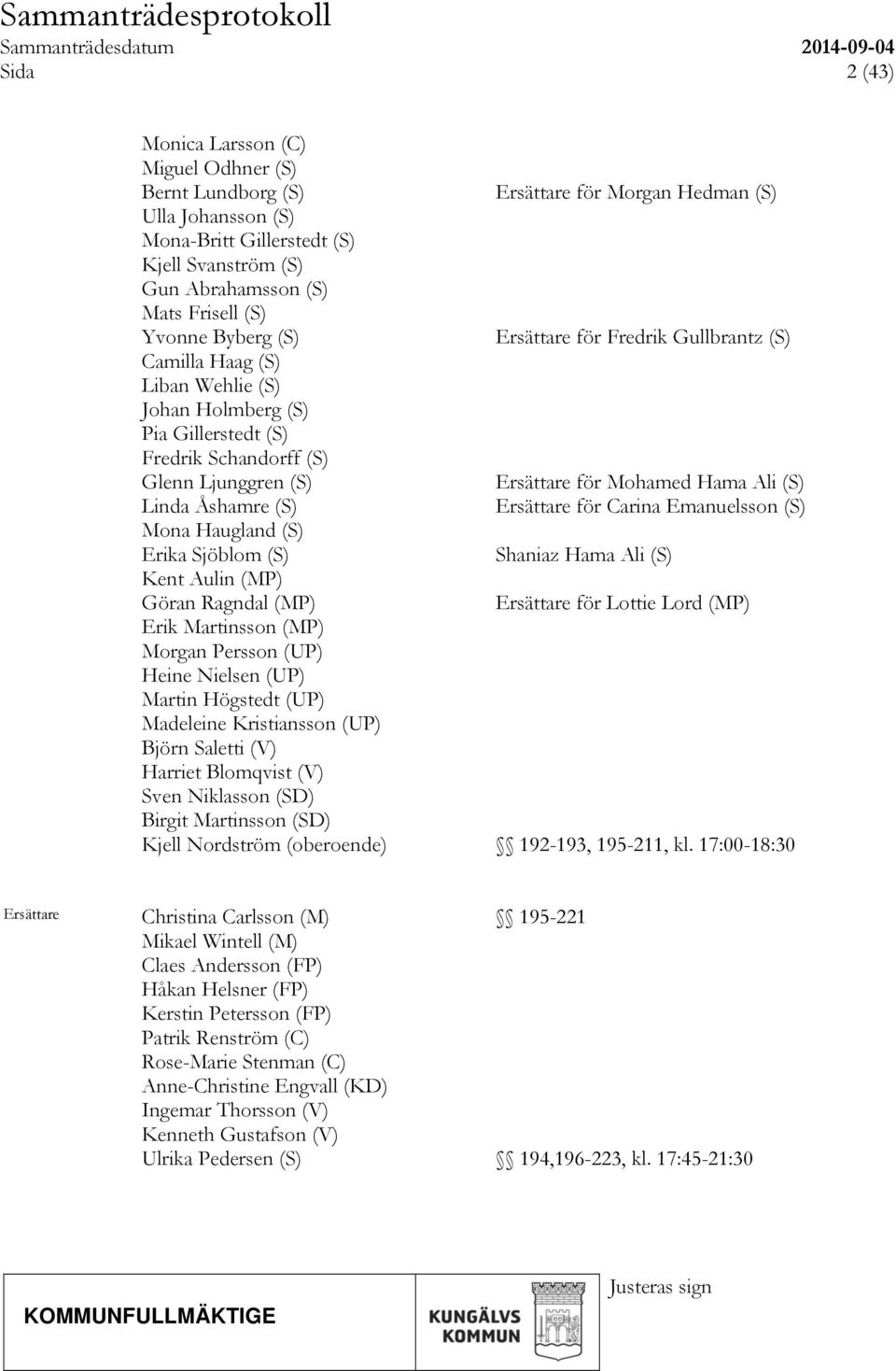 Hedman (S) Ersättare för Fredrik Gullbrantz (S) Ersättare för Mohamed Hama Ali (S) Ersättare för Carina Emanuelsson (S) Shaniaz Hama Ali (S) Göran Ragndal (MP) Ersättare för Lottie Lord (MP) Erik