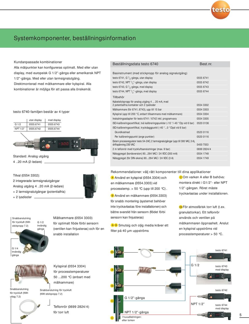 testo 6740-familjen består av 4 typer utan display med display G 1/2 0555.6741 0555.6743 NPT 1/2 0555.6742 0555.6744 Standard: Analog utgång 4.