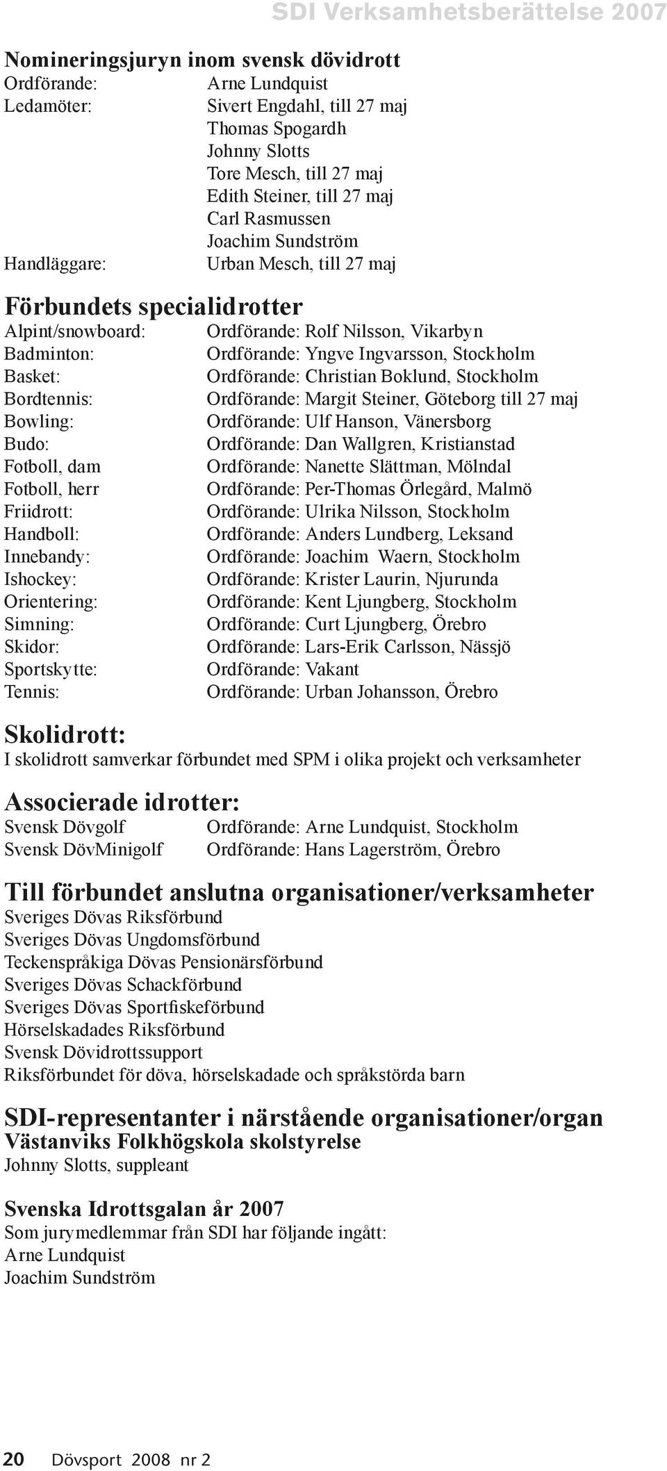 Handboll: Innebandy: Ishockey: Orientering: Simning: Skidor: Sportskytte: Tennis: SDI Verksamhetsberättelse 2007 Ordförande: Rolf Nilsson, Vikarbyn Ordförande: Yngve Ingvarsson, Stockholm Ordförande: