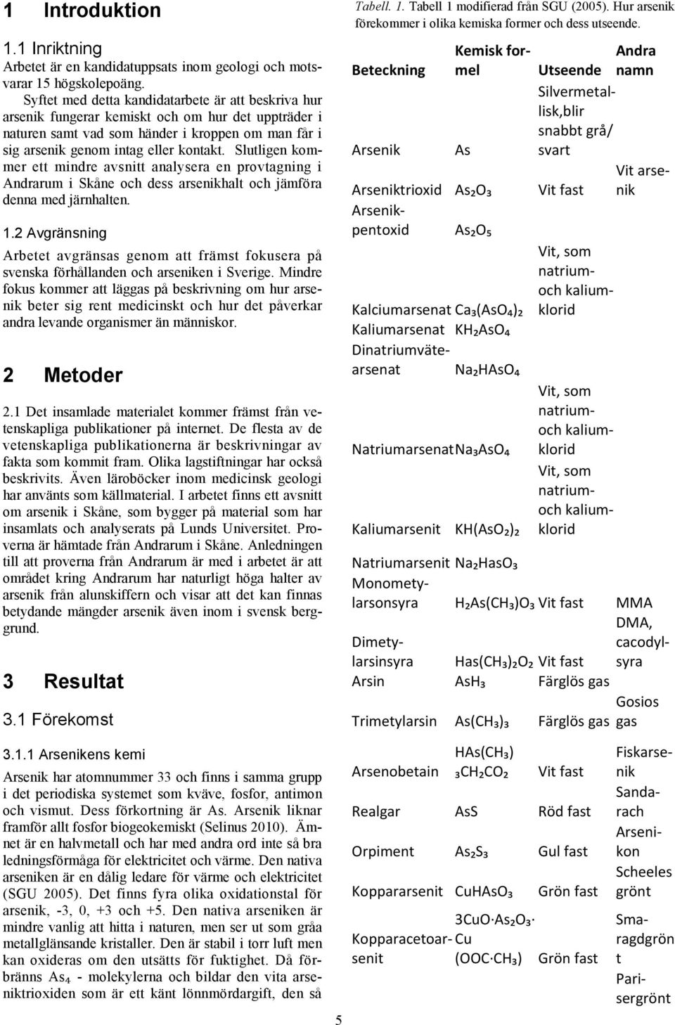 modifierad från SGU (2005). Hur arsenik förekommer i olika kemiska former och dess utseende. 1.