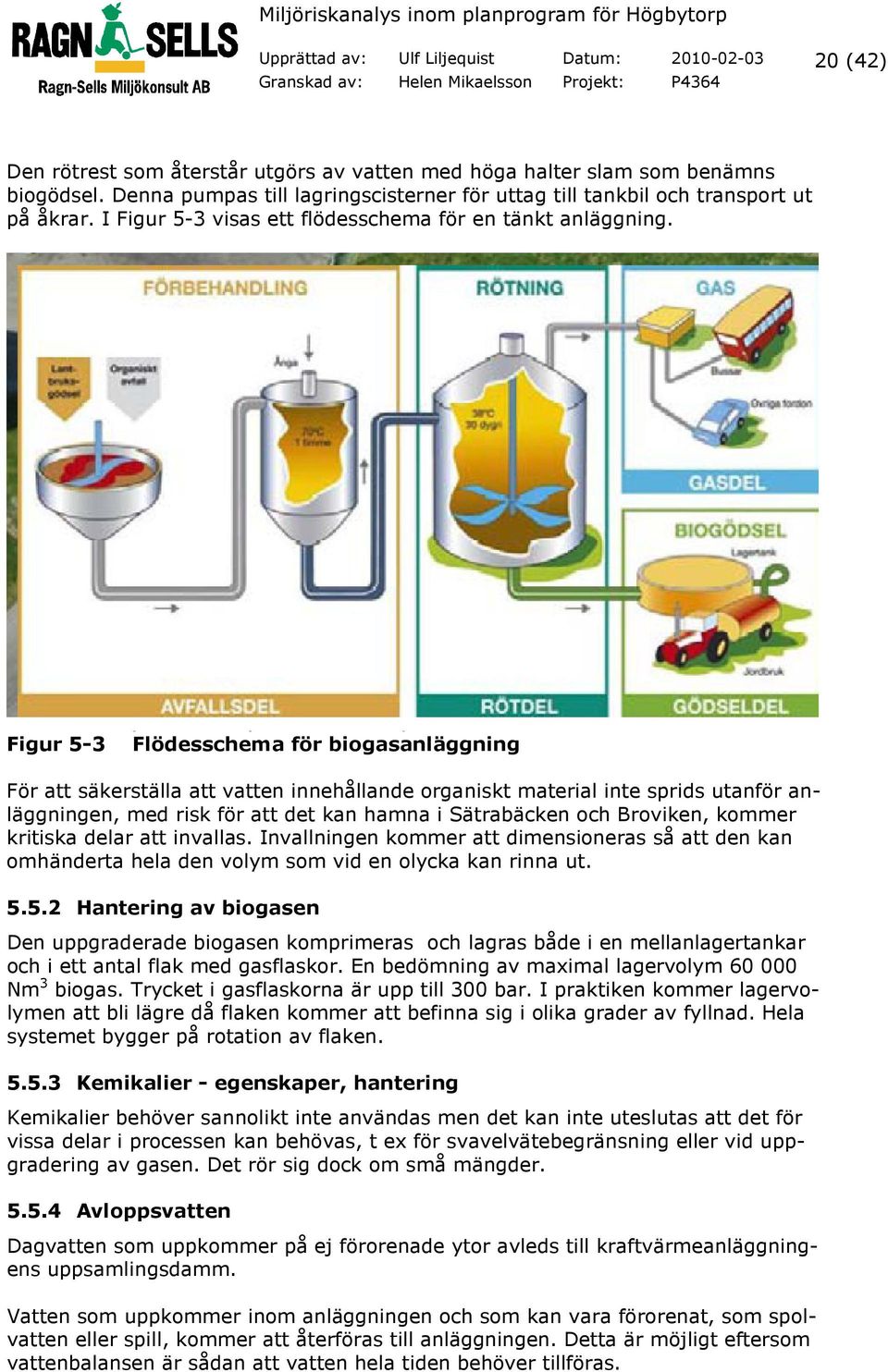 Figur 5-3 Flödesschema för biogasanläggning För att säkerställa att vatten innehållande organiskt material inte sprids utanför anläggningen, med risk för att det kan hamna i Sätrabäcken och Broviken,