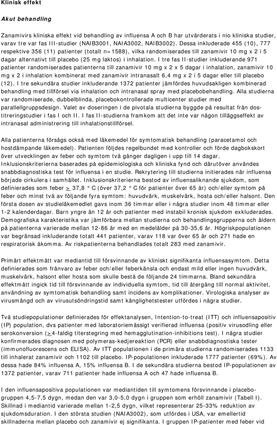 I tre fas II-studier inkluderande 971 patienter randomiserades patienterna till zanamivir 10 mg x 2 x 5 dagar i inhalation, zanamivir 10 mg x 2 i inhalation kombinerat med zanamivir intranasalt 6,4