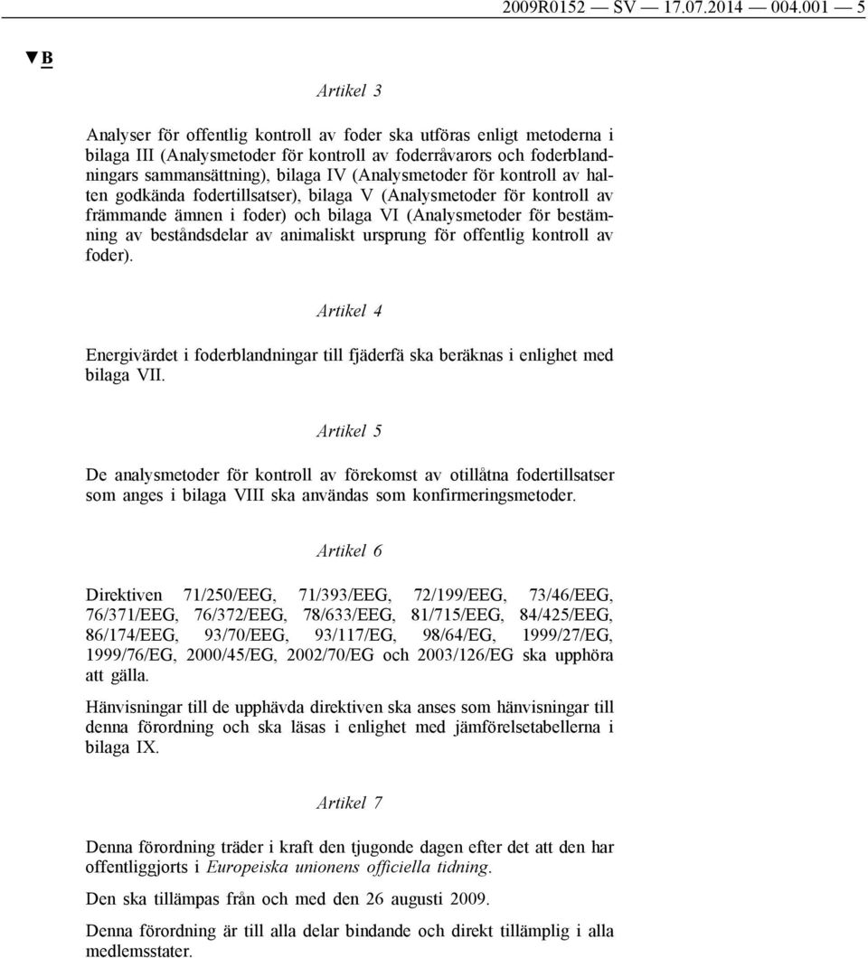 (Analysmetoder för kontroll av halten godkända fodertillsatser), bilaga V (Analysmetoder för kontroll av främmande ämnen i foder) och bilaga VI (Analysmetoder för bestämning av beståndsdelar av