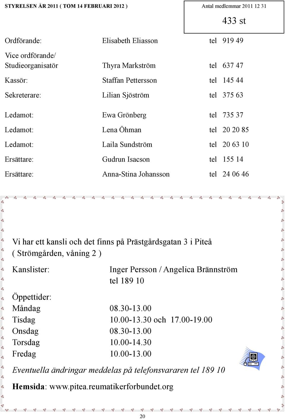 14 Ersättare: Anna-Stina Johansson tel 24 06 46 Vi har ett kansli och det finns på Prästgårdsgatan 3 i Piteå ( Strömgården, våning 2 ) Kanslister: Inger Persson / Angelica Brännström tel 189 10