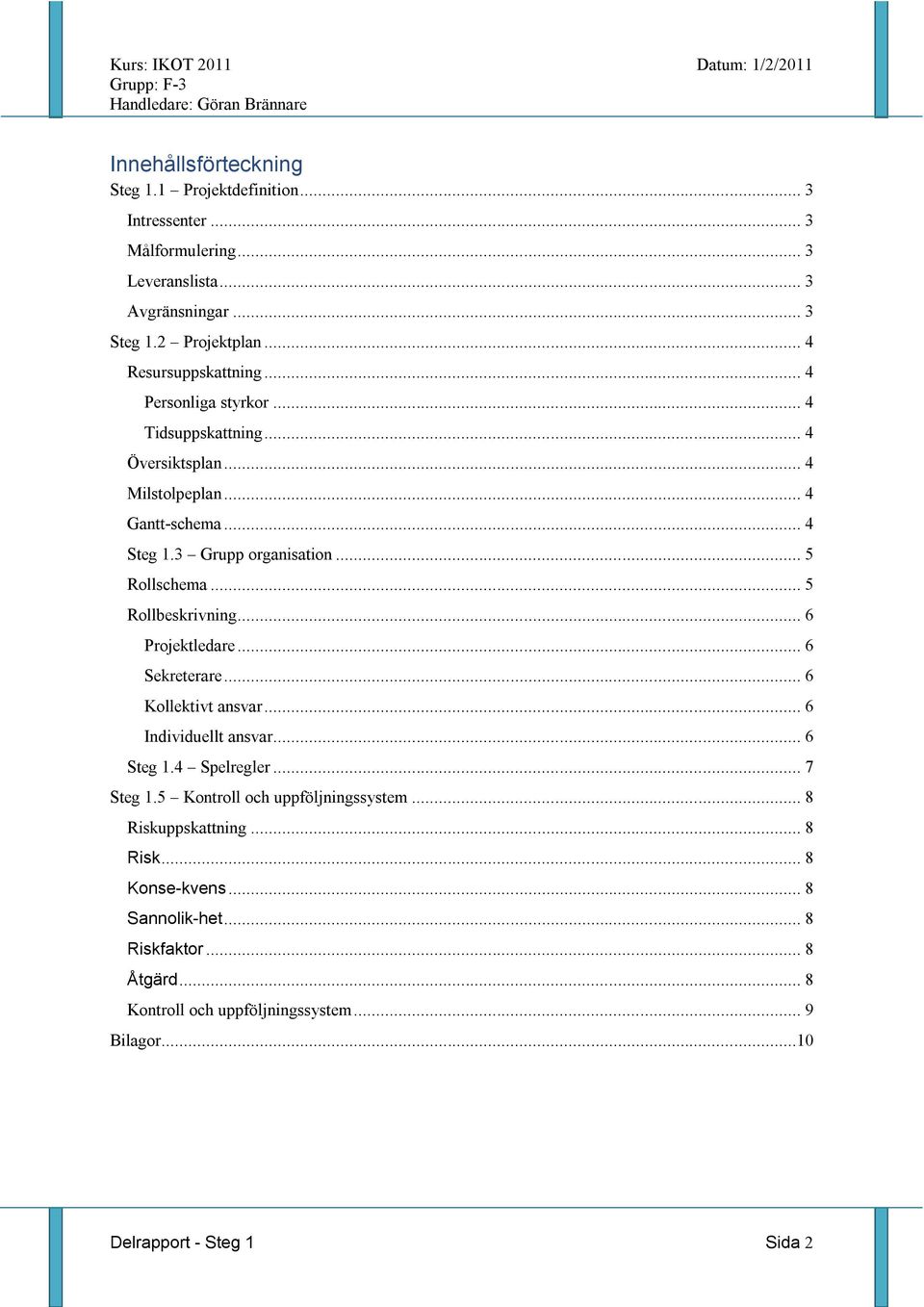 .. 5 Rollschema... 5 Rollbeskrivning... 6 Projektledare... 6 Sekreterare... 6 Kollektivt ansvar... 6 Individuellt ansvar... 6 Steg 1.4 Spelregler... 7 Steg 1.