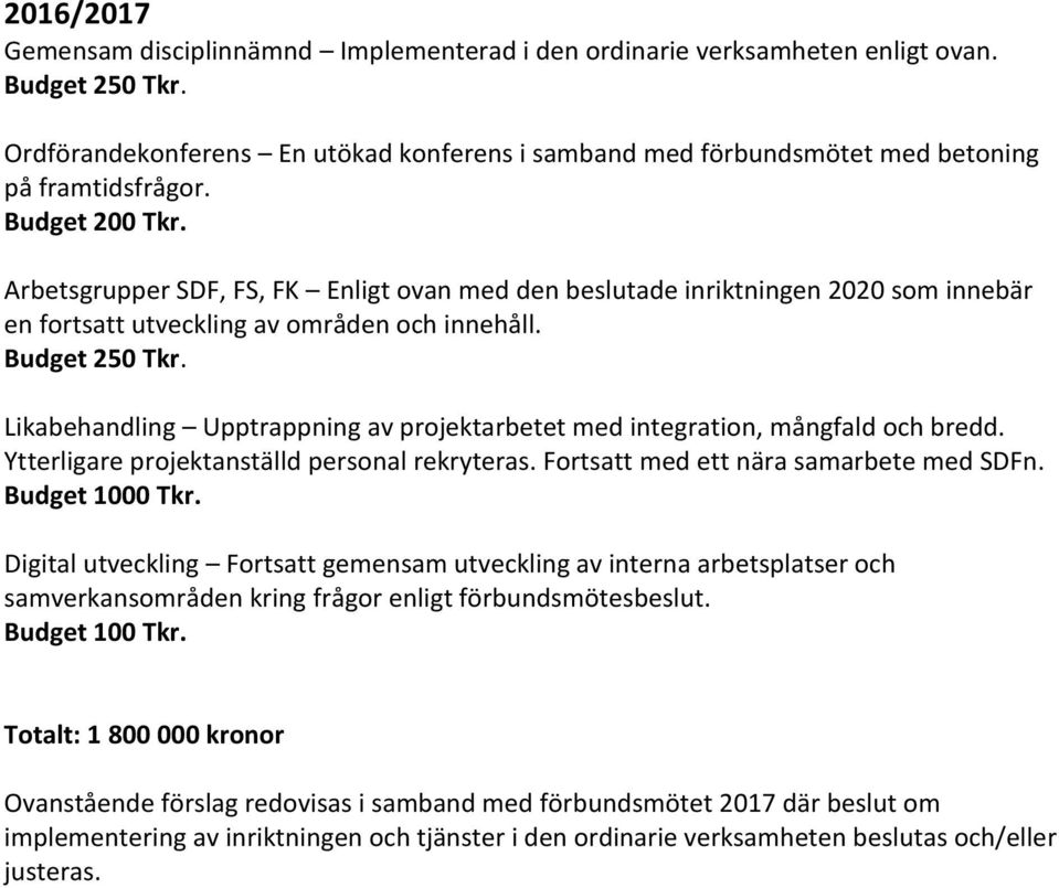 Arbetsgrupper SDF, FS, FK Enligt ovan med den beslutade inriktningen 2020 som innebär en fortsatt utveckling av områden och innehåll. Budget 250 Tkr.