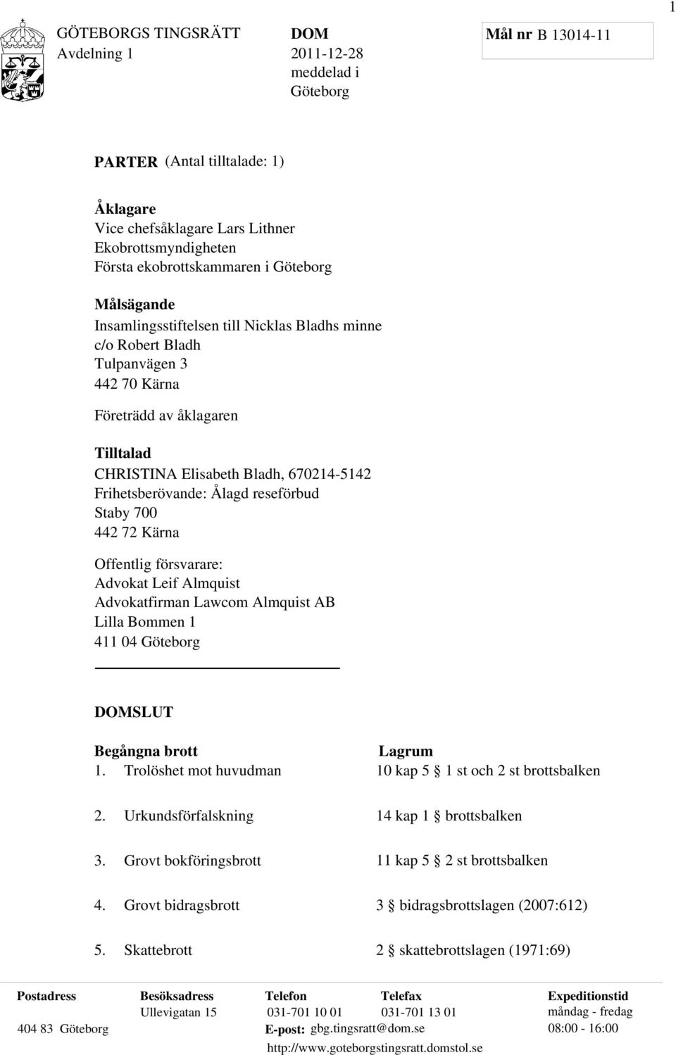 Offentlig försvarare: Advokat Leif Almquist Advokatfirman Lawcom Almquist AB Lilla Bommen 1 411 04 Göteborg SLUT Begångna brott 1. Trolöshet mot huvudman Lagrum 10 kap 5 1 st och 2 st brottsbalken 2.