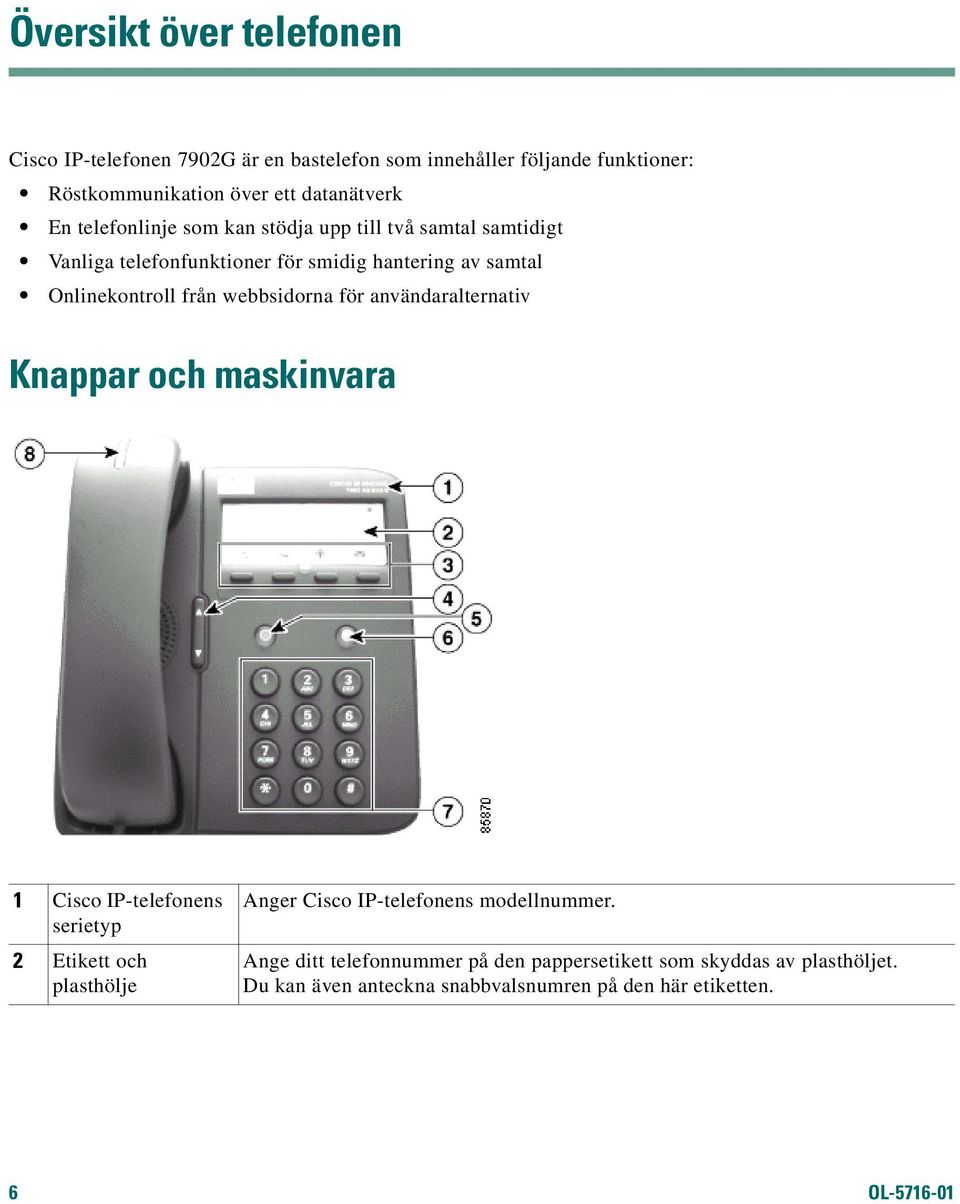 webbsidorna för användaralternativ Knappar och maskinvara 1 Cisco IP-telefonens serietyp 2 Etikett och plasthölje Anger Cisco IP-telefonens