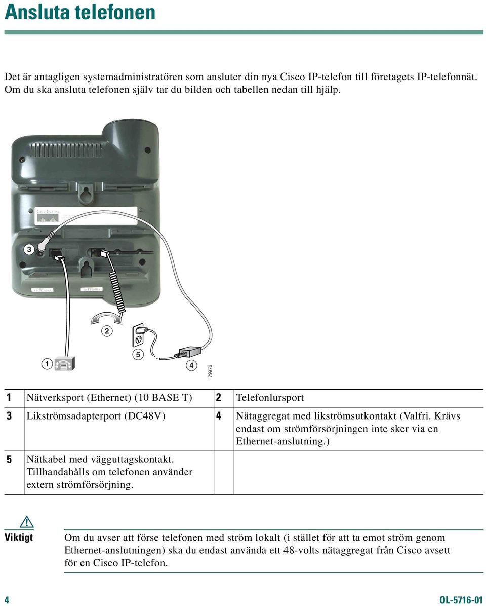 3 2 1 5 4 79976 1 Nätverksport (Ethernet) (10 BASE T) 2 Telefonlursport 3 Likströmsadapterport (DC48V) 4 Nätaggregat med likströmsutkontakt (Valfri.