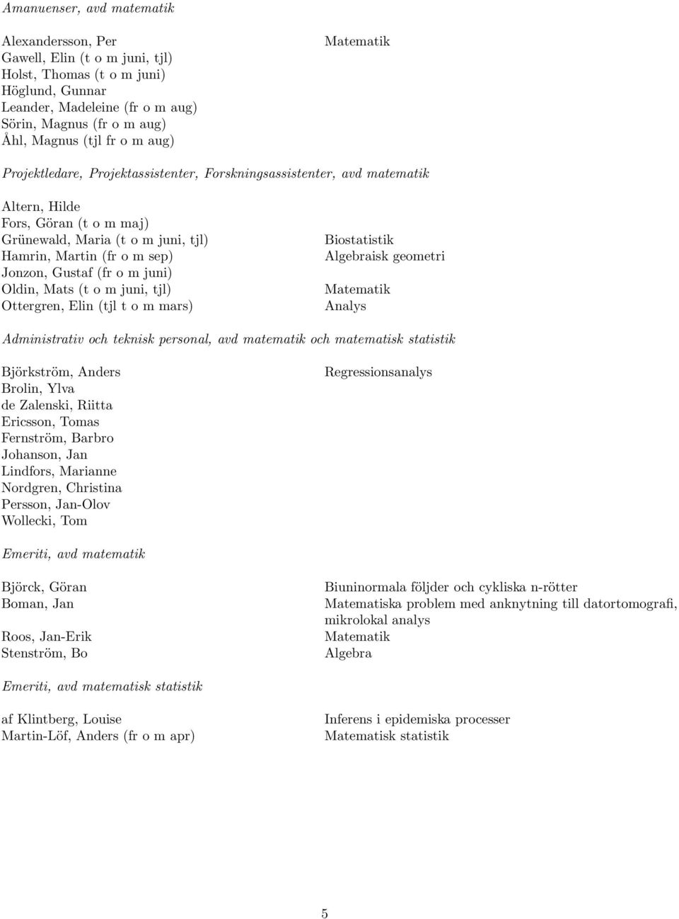 Gustaf (fr o m juni) Oldin, Mats (t o m juni, tjl) Ottergren, Elin (tjl t o m mars) Biostatistik Algebraisk geometri Matematik Analys Administrativ och teknisk personal, avd matematik och matematisk