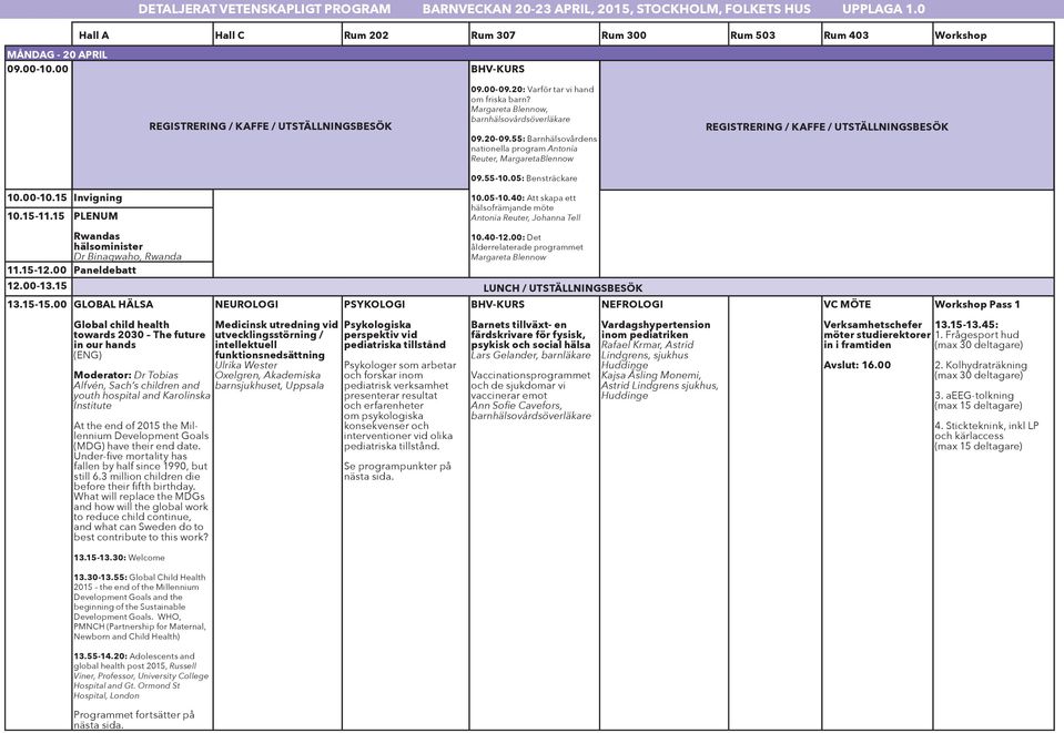 20-09.55: Barnhälsovårdens nationella program Antonia Reuter, MargaretaBlennow 09.55-10.05: Bensträckare REGISTRERING / KAFFE / UTSTÄLLNINGSBESÖK 10.00-10.15 Invigning 10.15-11.