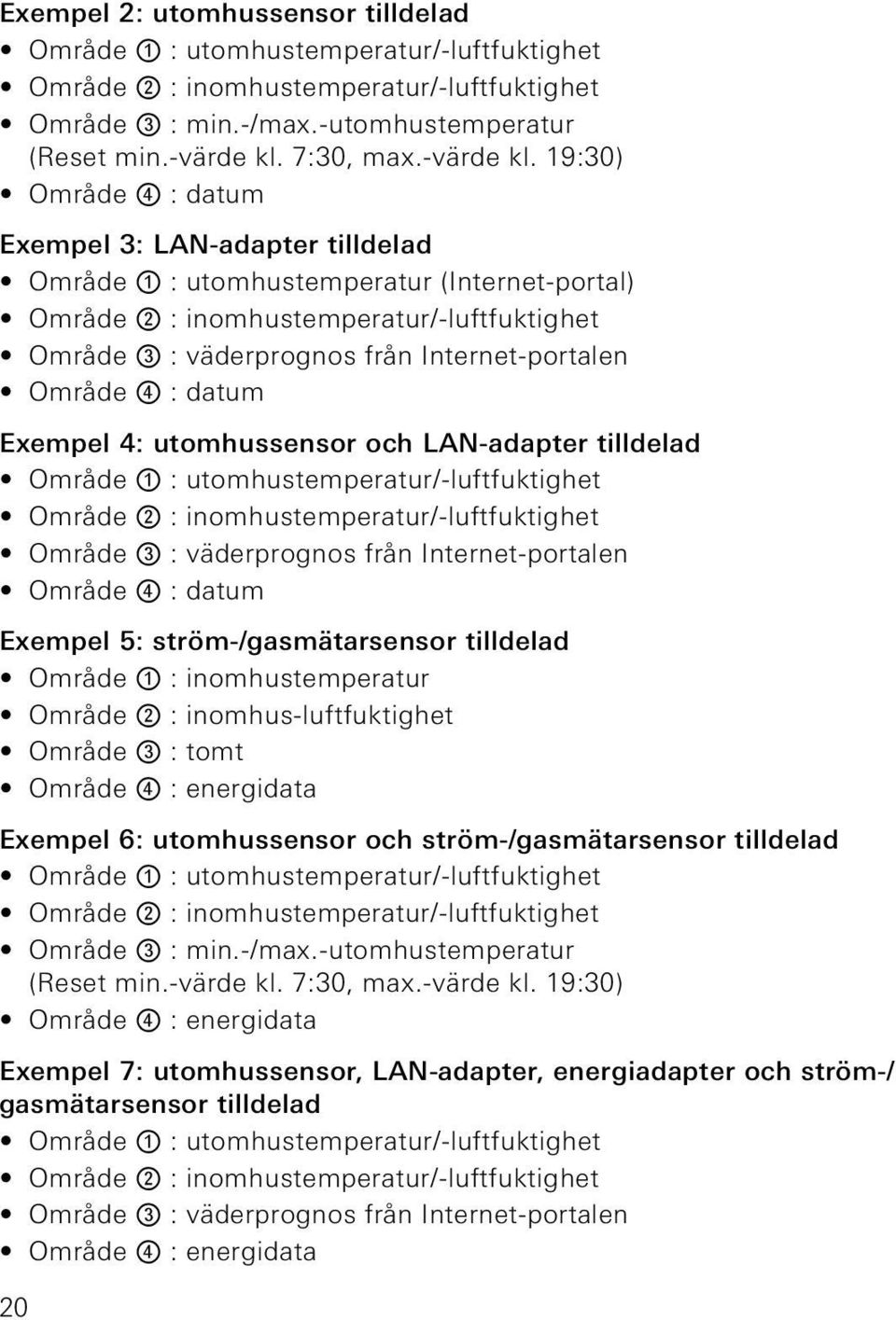 19:30) Område 4 : datum Exempel 3: LAN-adapter tilldelad Område 1 : utomhustemperatur (Internet-portal) Område 2 : inomhustemperatur/-luftfuktighet Område 3 : väderprognos från Internet-portalen