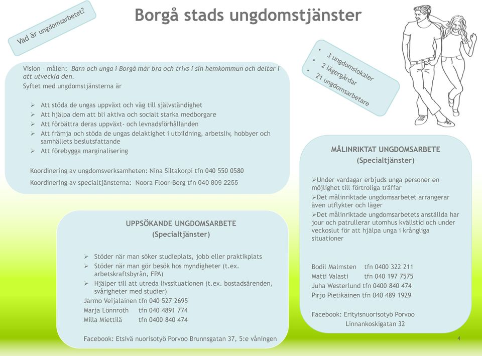 levnadsförhållanden Att främja och stöda de ungas delaktighet i utbildning, arbetsliv, hobbyer och samhällets beslutsfattande Att förebygga marginalisering Koordinering av ungdomsverksamheten: Nina