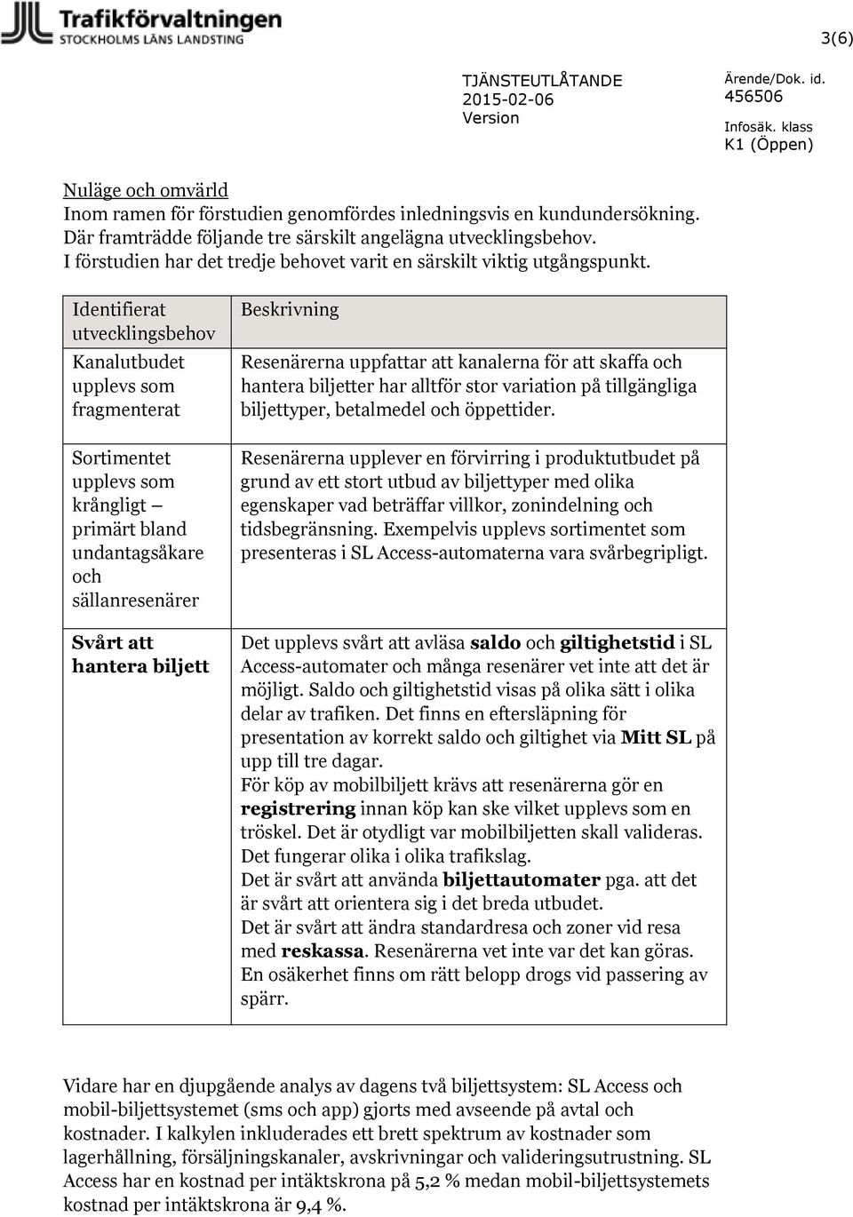 Identifierat utvecklingsbehov Kanalutbudet upplevs som fragmenterat Sortimentet upplevs som krångligt primärt bland undantagsåkare och sällanresenärer Svårt att hantera biljett Beskrivning