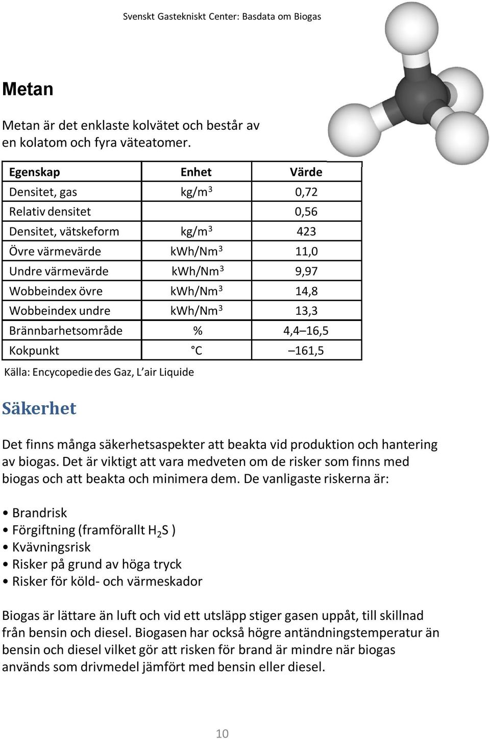 undre kwh/nm3 13,3 Brännbarhetsområde % 4,4 16,5 Kokpunkt C 161,5 Källa: Encycopedie des Gaz, L air Liquide Säkerhet Det finns många säkerhetsaspekter att beakta vid produktion och hantering av