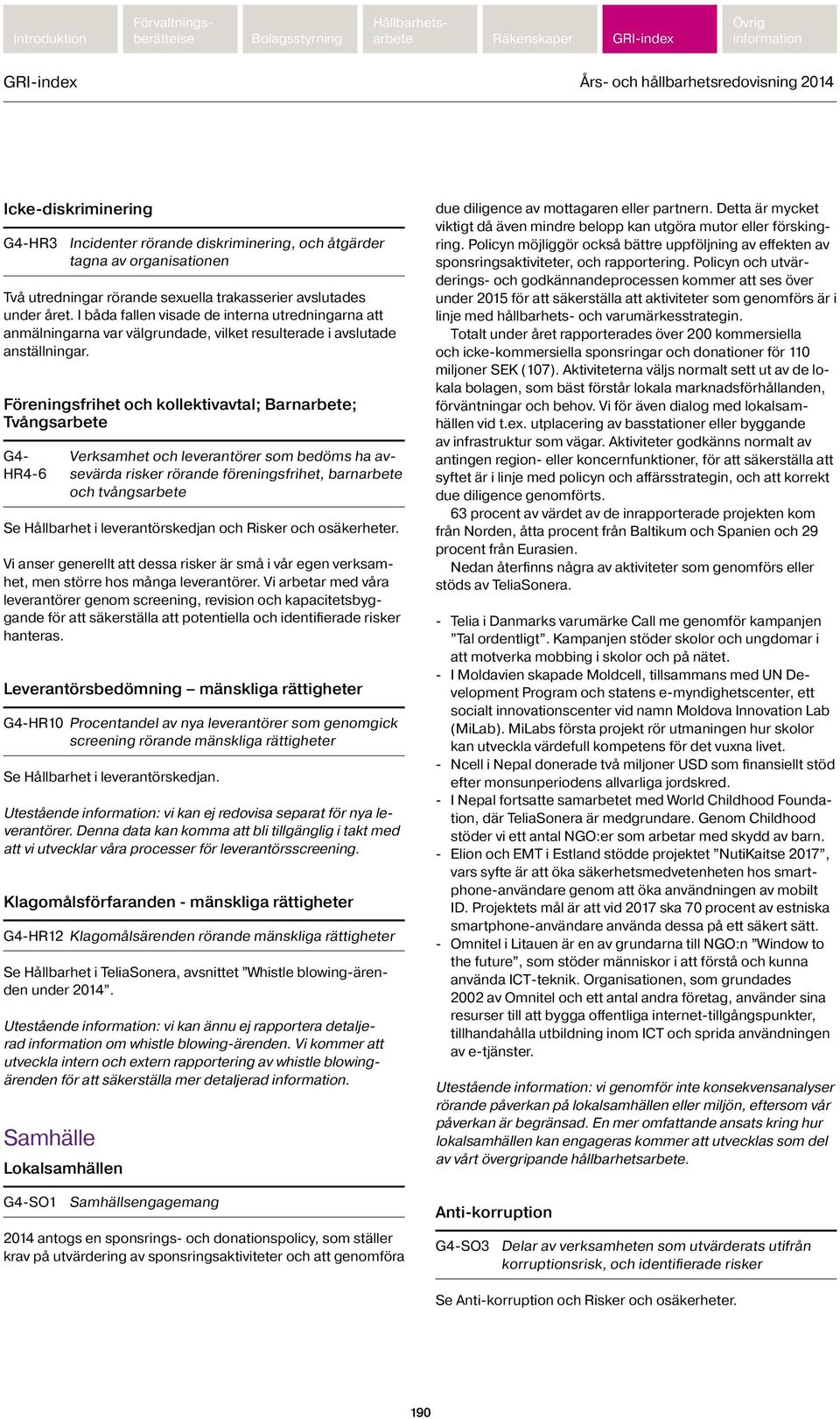 Föreningsfrihet och kollektivavtal; Barnarbete; Tvångsarbete G4- HR4-6 Verksamhet och leverantörer som bedöms ha avsevärda risker rörande föreningsfrihet, barnarbete och tvångsarbete Se Hållbarhet i