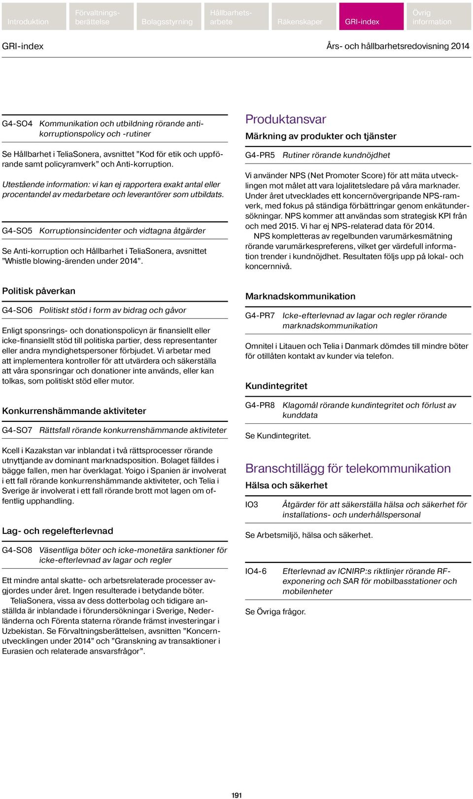 G4-SO5 Korruptionsincidenter och vidtagna åtgärder Se Anti-korruption och Hållbarhet i TeliaSonera, avsnittet Whistle blowing-ärenden under 2014.