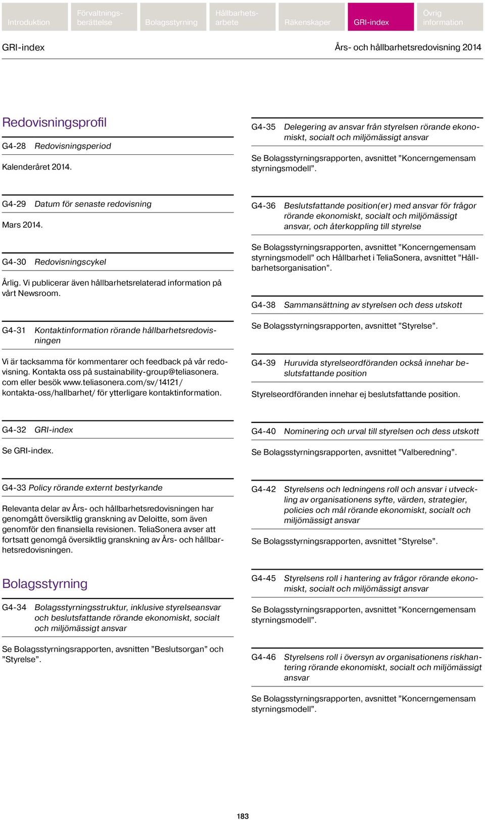 G4-30 Redovisningscykel Årlig. Vi publicerar även hållbarhetsrelaterad på vårt Newsroom. G4-31 Kontakt rörande hållbarhetsredovisningen Vi är tacksamma för kommentarer och feedback på vår redovisning.