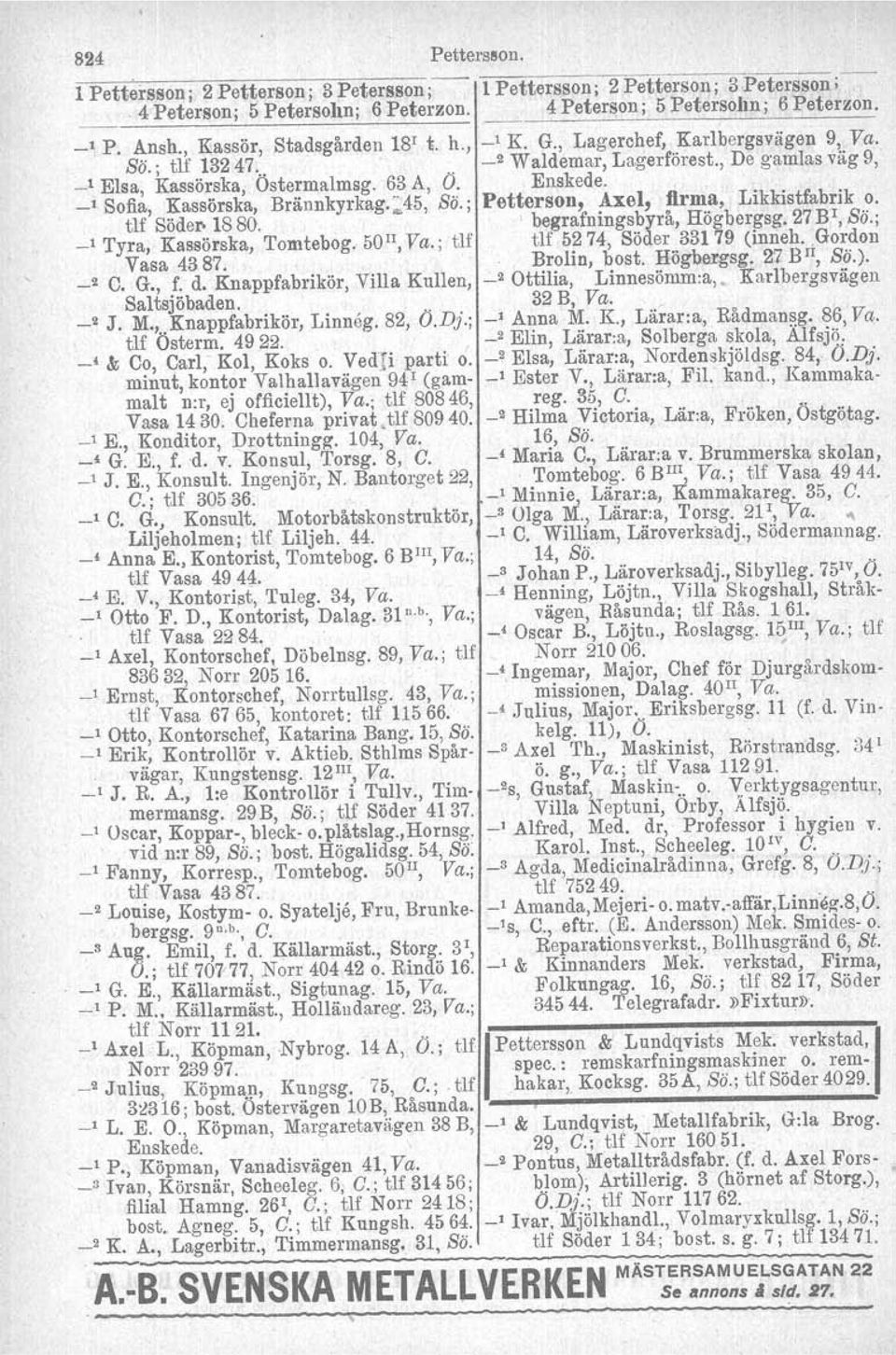 , _1 Sofia, Kassörska, Brännkyrkag.;:45, Sö. j Petterson, Axel, firma, Likkistfabrik o. tlf Söder- 1880. ' begrafningsbyrå, Högbergsg. 27 BI, Sö.j _1 Tyra, Kassörska, Tomtebog. 50u, Va.