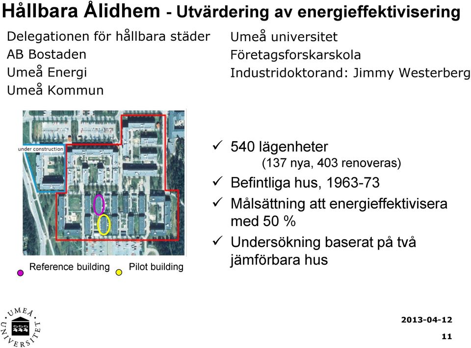 Westerberg Reference building Pilot building 540 lägenheter (137 nya, 403 renoveras) Befintliga