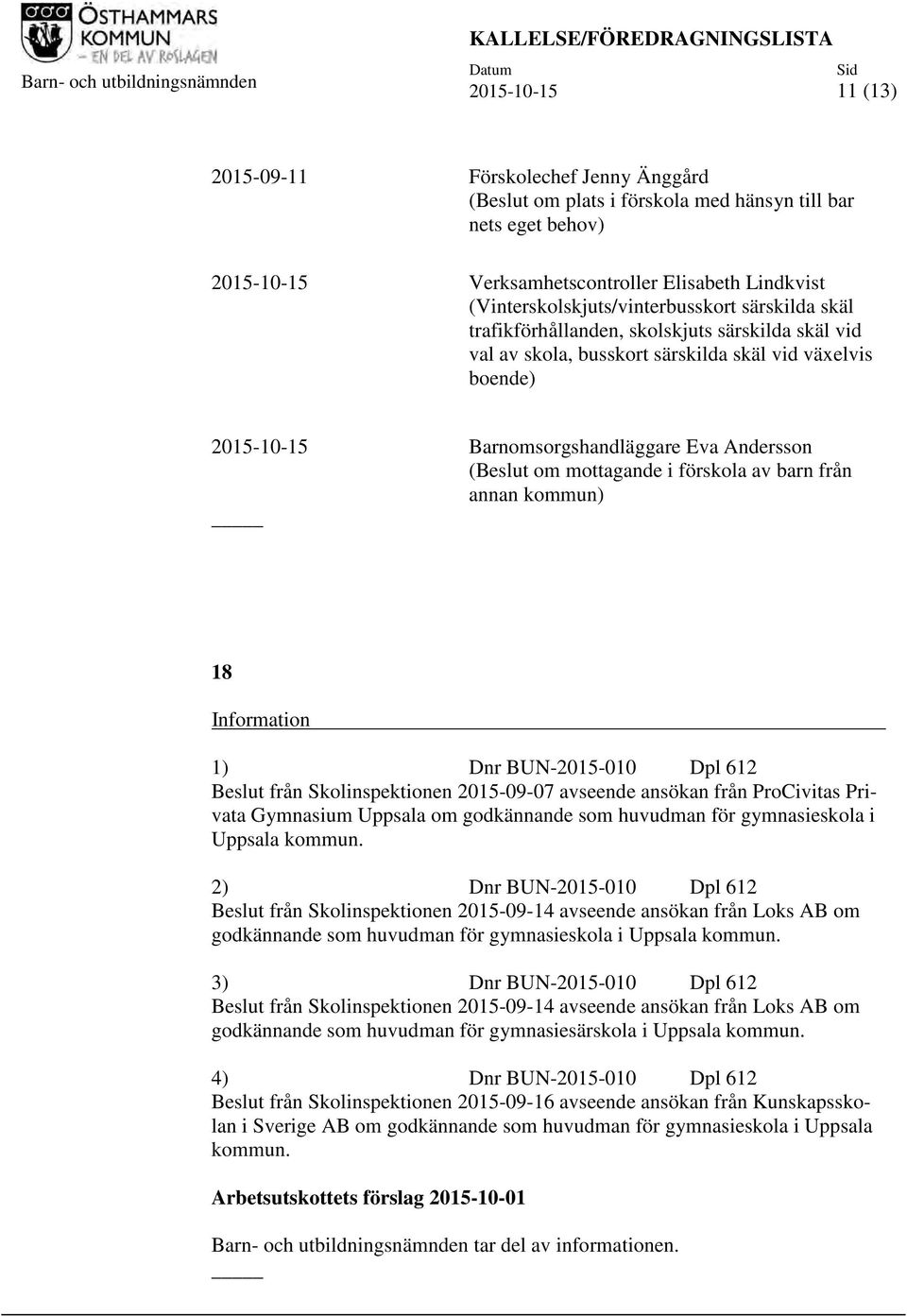 2015-10-15 Barnomsorgshandläggare Eva Andersson (Beslut om mottagande i förskola av barn från annan kommun) 18 Information v 1) Dnr BUN-2015-010 Dpl 612 Beslut från Skolinspektionen 2015-09-07