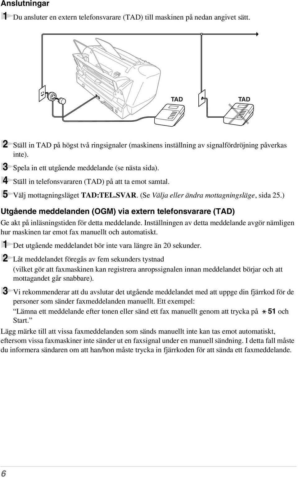 4 Ställ in telefonsvararen (TAD) på att ta emot samtal. 5 Välj mottagningsläget TAD:TEL.SVAR. (Se Välja eller ändra mottagningsläge, sida 25.