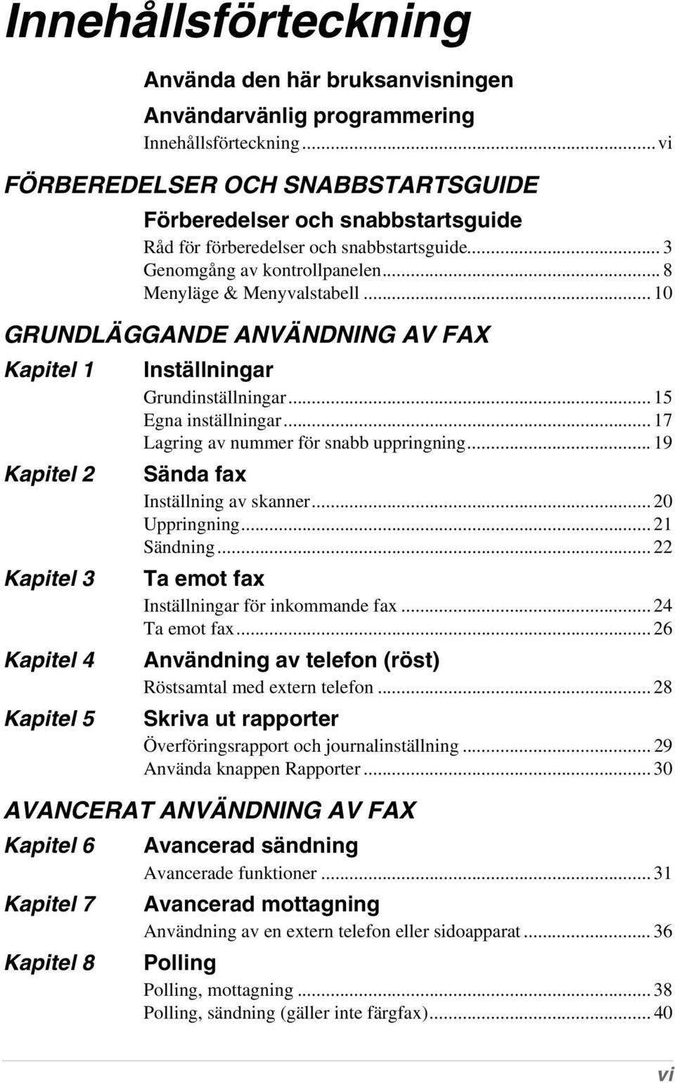 .. 10 GRUNDLÄGGANDE ANVÄNDNING AV FAX Kapitel 1 Kapitel 2 Kapitel 3 Kapitel 4 Kapitel 5 Inställningar Grundinställningar... 15 Egna inställningar... 17 Lagring av nummer för snabb uppringning.