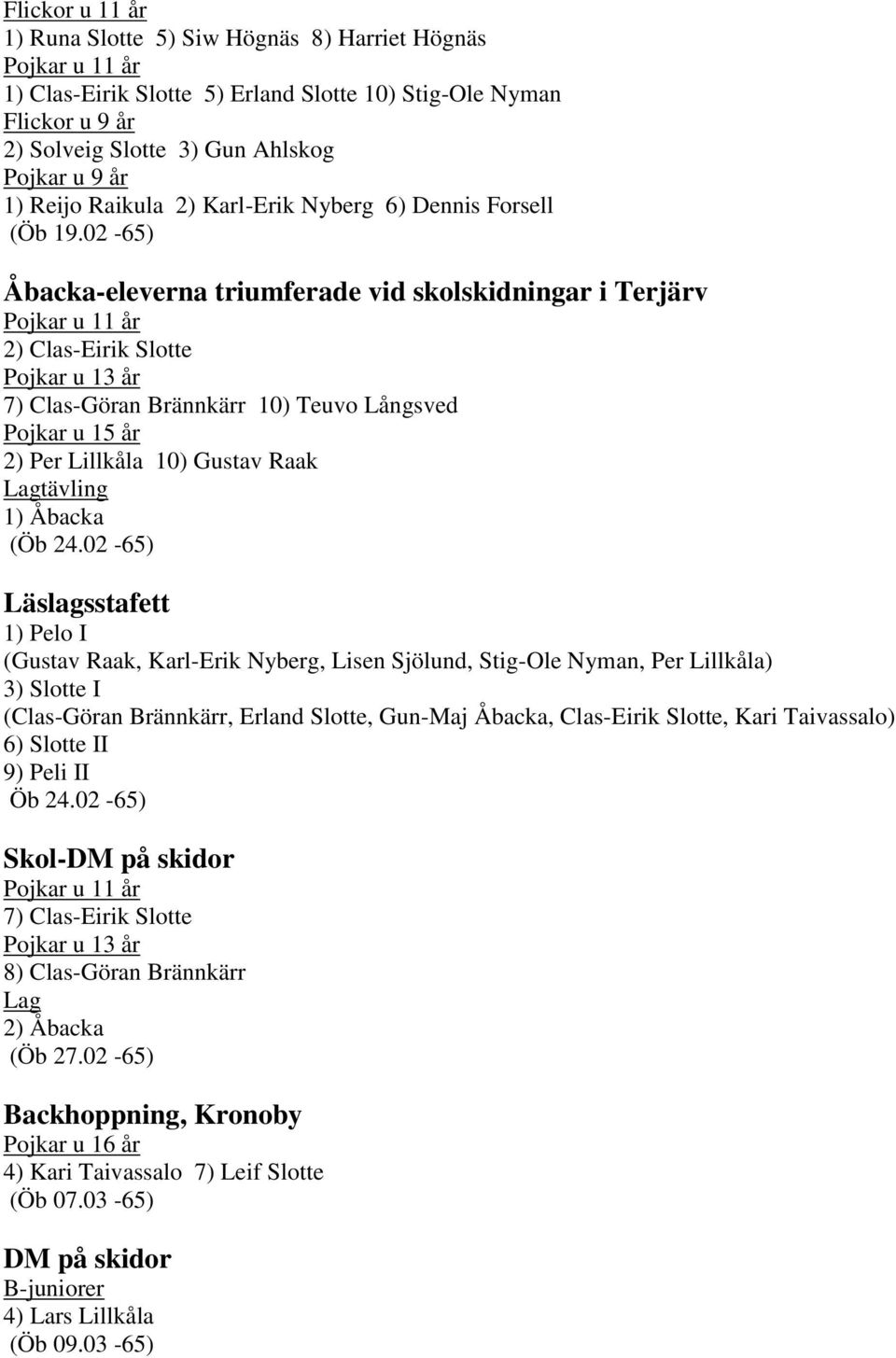 02-65) Åbacka-eleverna triumferade vid skolskidningar i Terjärv Pojkar u 11 år 2) Clas-Eirik Slotte Pojkar u 13 år 7) Clas-Göran Brännkärr 10) Teuvo Långsved Pojkar u 15 år 2) Per Lillkåla 10) Gustav