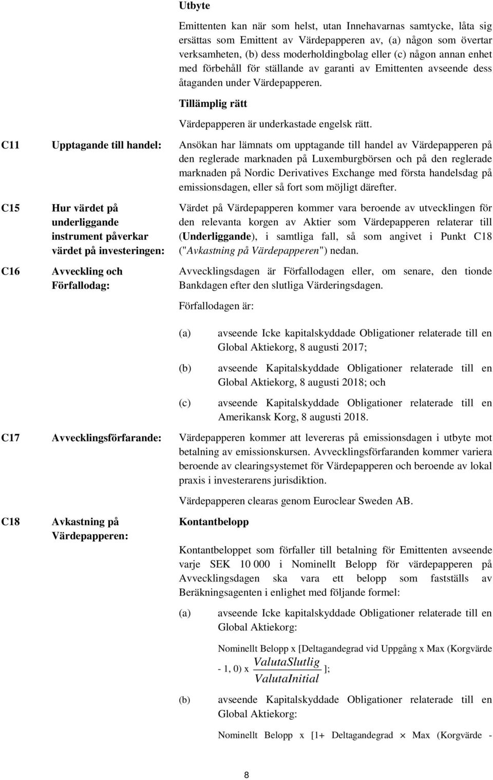 C11 Upptagande till handel: Ansökan har lämnats om upptagande till handel av Värdepapperen på den reglerade marknaden på Luxemburgbörsen och på den reglerade marknaden på Nordic Derivatives Exchange