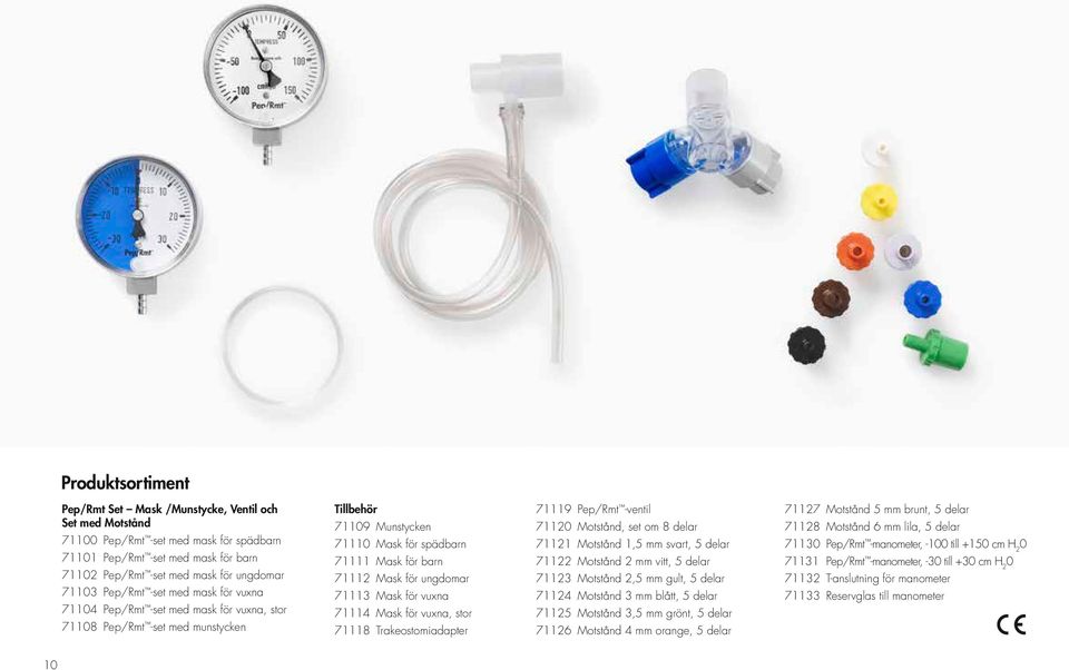 ungdomar 71113 Mask för vuxna 71114 Mask för vuxna, stor 71118 Trakeostomiadapter 71119 Pep/Rmt -ventil 71120 Motstånd, set om 8 delar 71121 Motstånd 1,5 mm svart, 5 delar 71122 Motstånd 2 mm vitt, 5