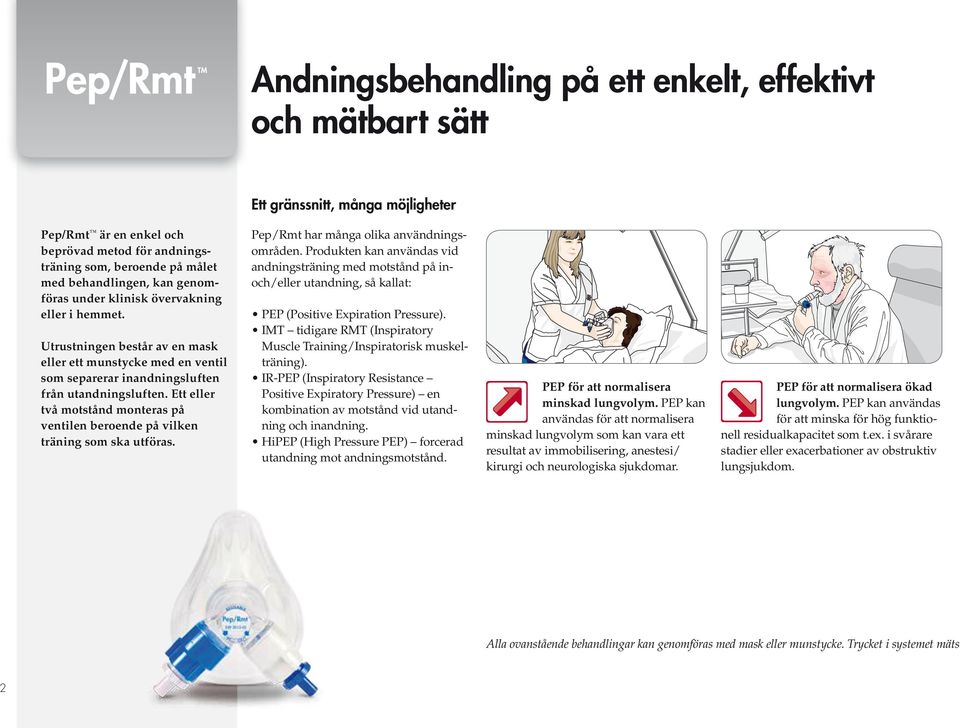 Ett eller två motstånd monteras på ventilen beroende på vilken träning som ska utföras. Pep/Rmt har många olika användningsområden.