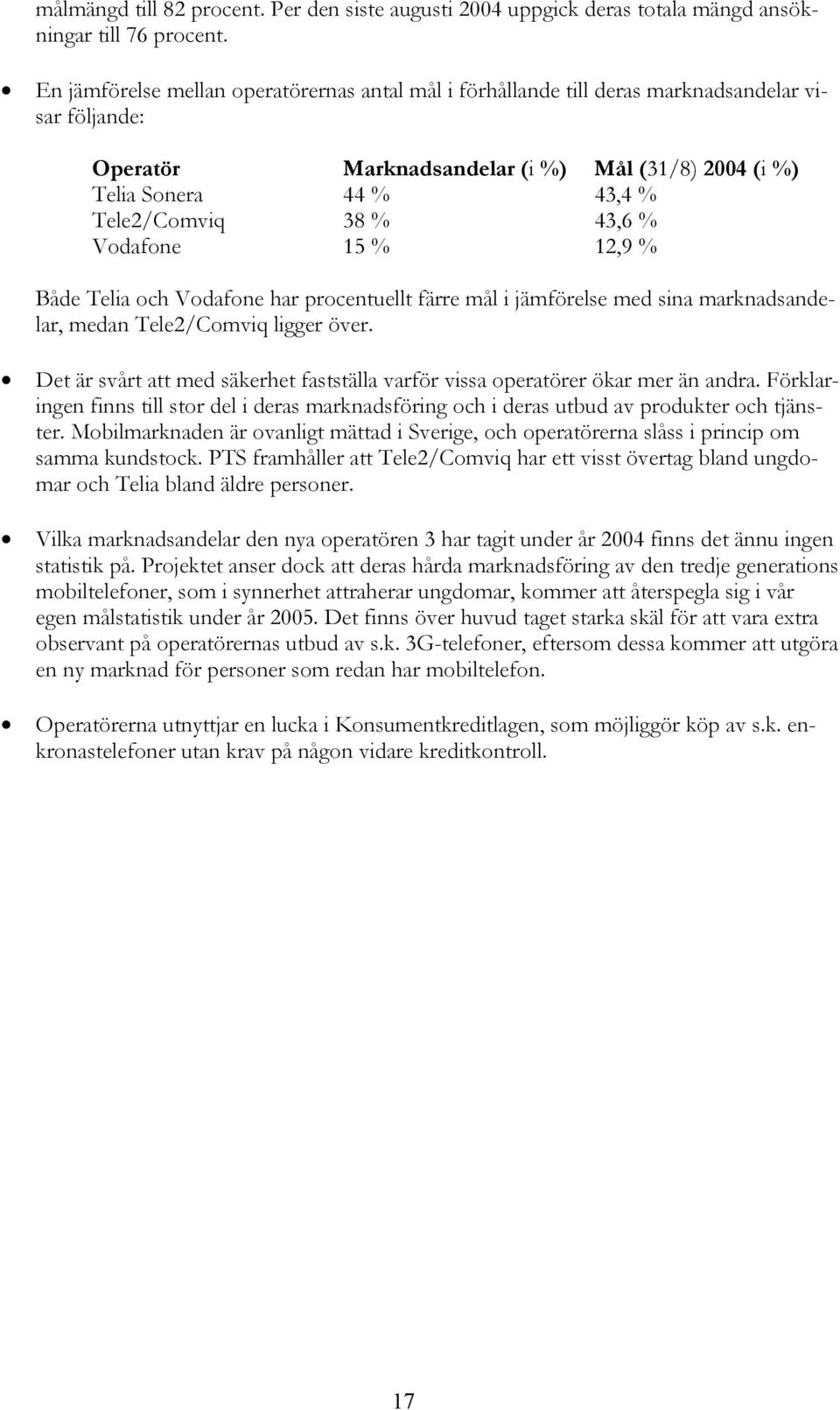 43,6 % Vodafone 15 % 12,9 % Både Telia och Vodafone har procentuellt färre mål i jämförelse med sina marknadsandelar, medan Tele2/Comviq ligger över.