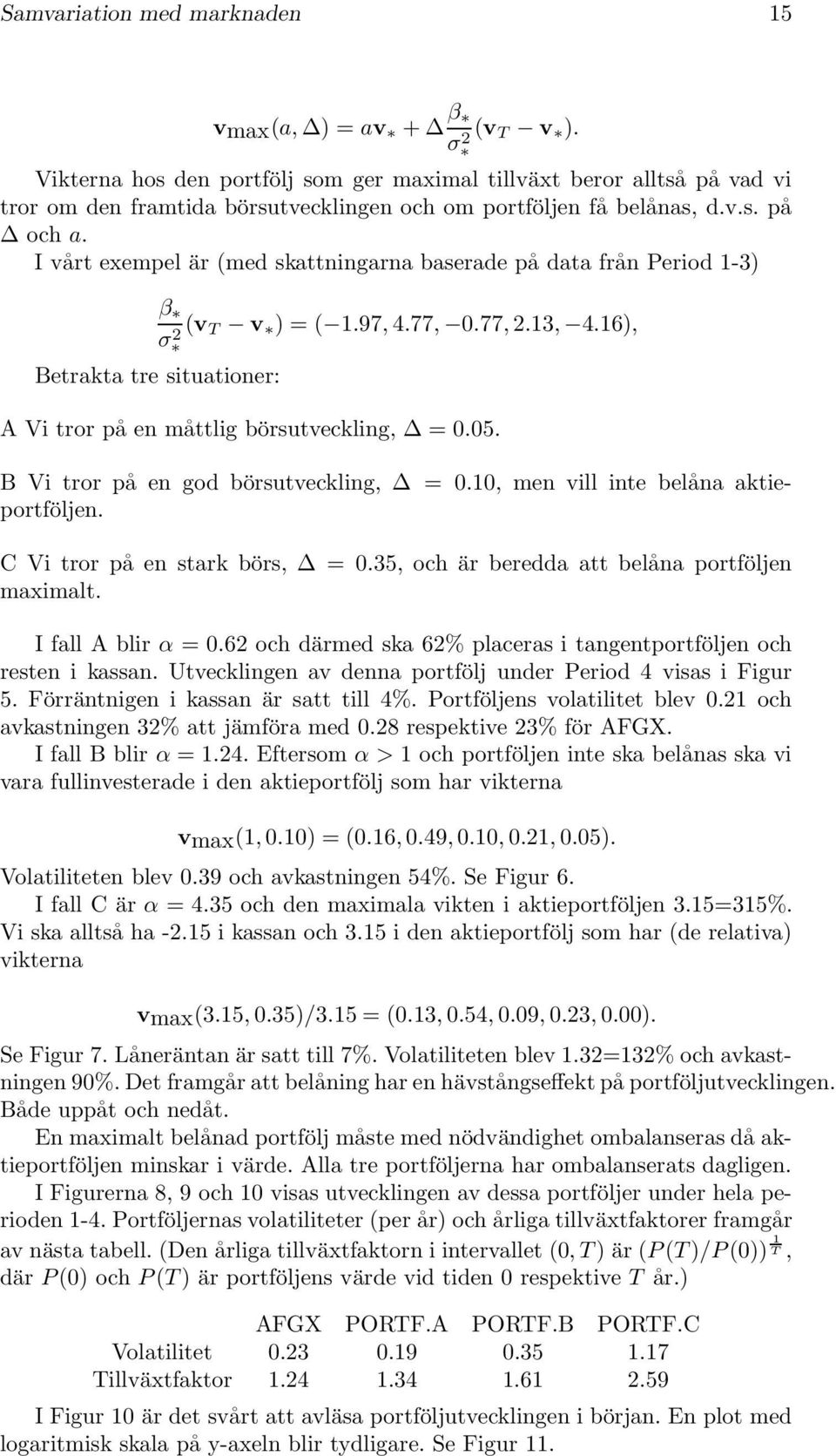 I vårt exempel är (med skattningarna baserade på data från Period 1-3) β σ Betrakta tre situationer: (v T v ) = ( 1.97, 4.77, 0.77,.13, 4.16), A Vi tror på en måttlig börsutveckling, = 0.05.